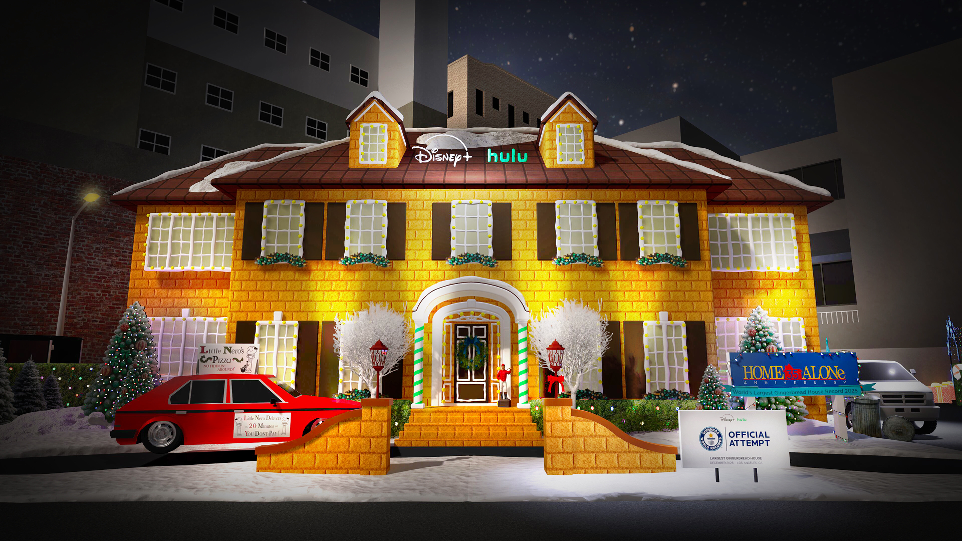 This image captures a massive, world-record attempt for the largest gingerbread house, a replica of the iconic McCallister mansion from Home Alone, commissioned by Disney+ and Hulu to celebrate the film's 35th anniversary. The installation is located in Los Angeles at Hollywood and Vine.