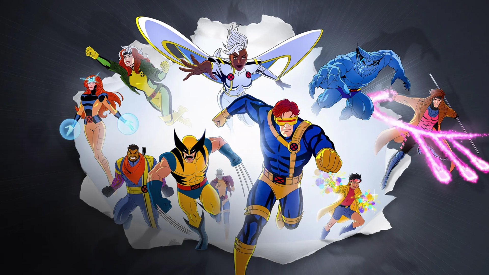 オリジナルの『X-Men』が勢ぞろいしたヒーローショット。ジーン・グレイ、ビショップ、ローグ、ストーム、ウルヴァリン、モーフ、サイクロップス、ジュビリー、ビースト、ガンビットなど。 