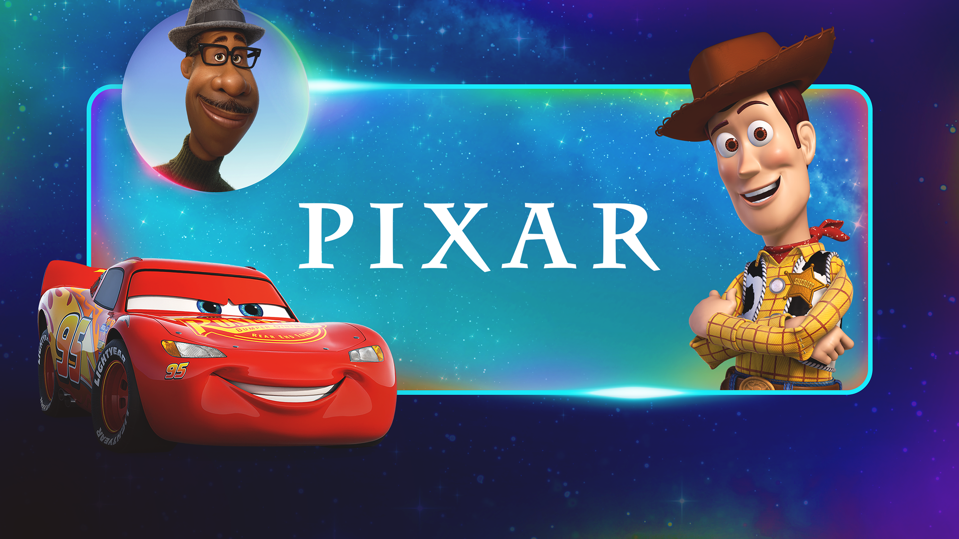 This promotional graphic features central characters from Pixar Animation Studios including Woody from Toy Story and Lightning McQueen from Cars.