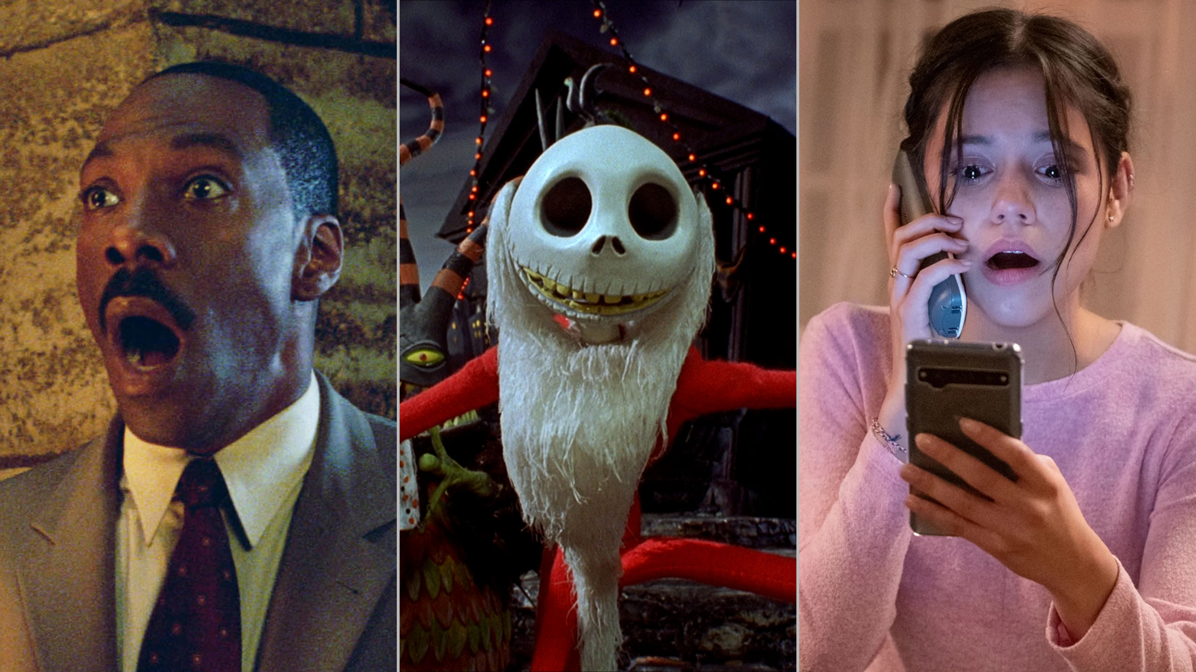 Classic Halloween Movies Watch Guide - The Haunted Mansion, Tim Burton’s The Nightmare Before Christmas, and Scream.