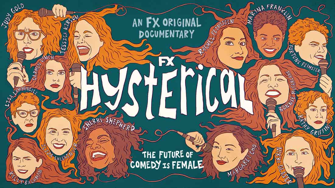 Title art for the FX documentary Hysterical with cartoon sketches of popular comedians.