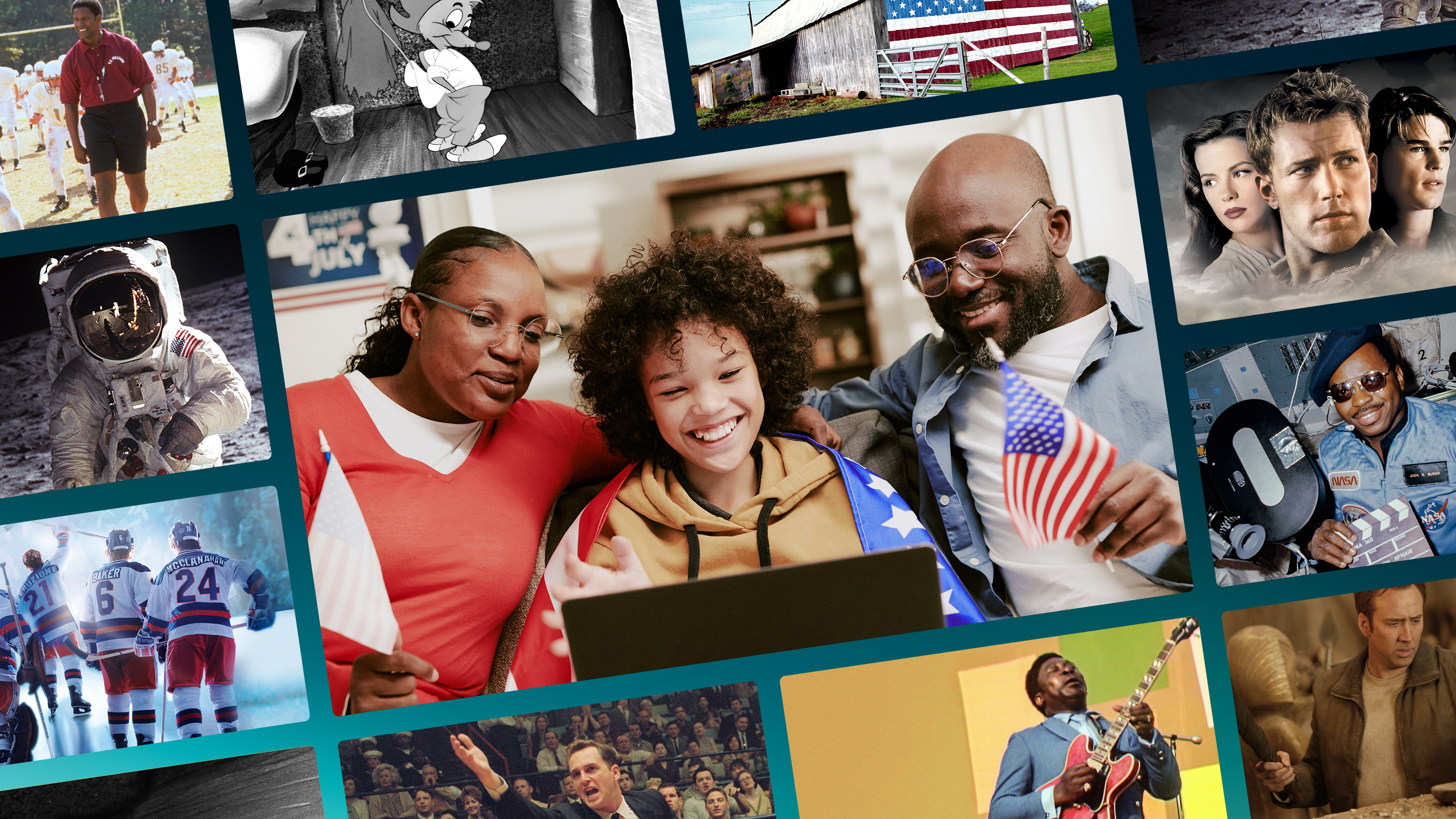 An image of a man, woman, and a child in front of a laptop, holding American flags. The central image is surrounded by images from the movies in this Watch Guide