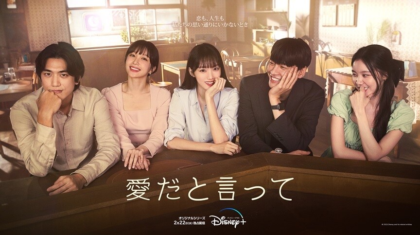 『愛だと言って』のカバー画像。テーブルの向こう側に座って優雅に微笑むユン・ジュン、カン・ミニョン、シム・ウジュ、ハン・ドンジン、シム・ヘソン（左から）