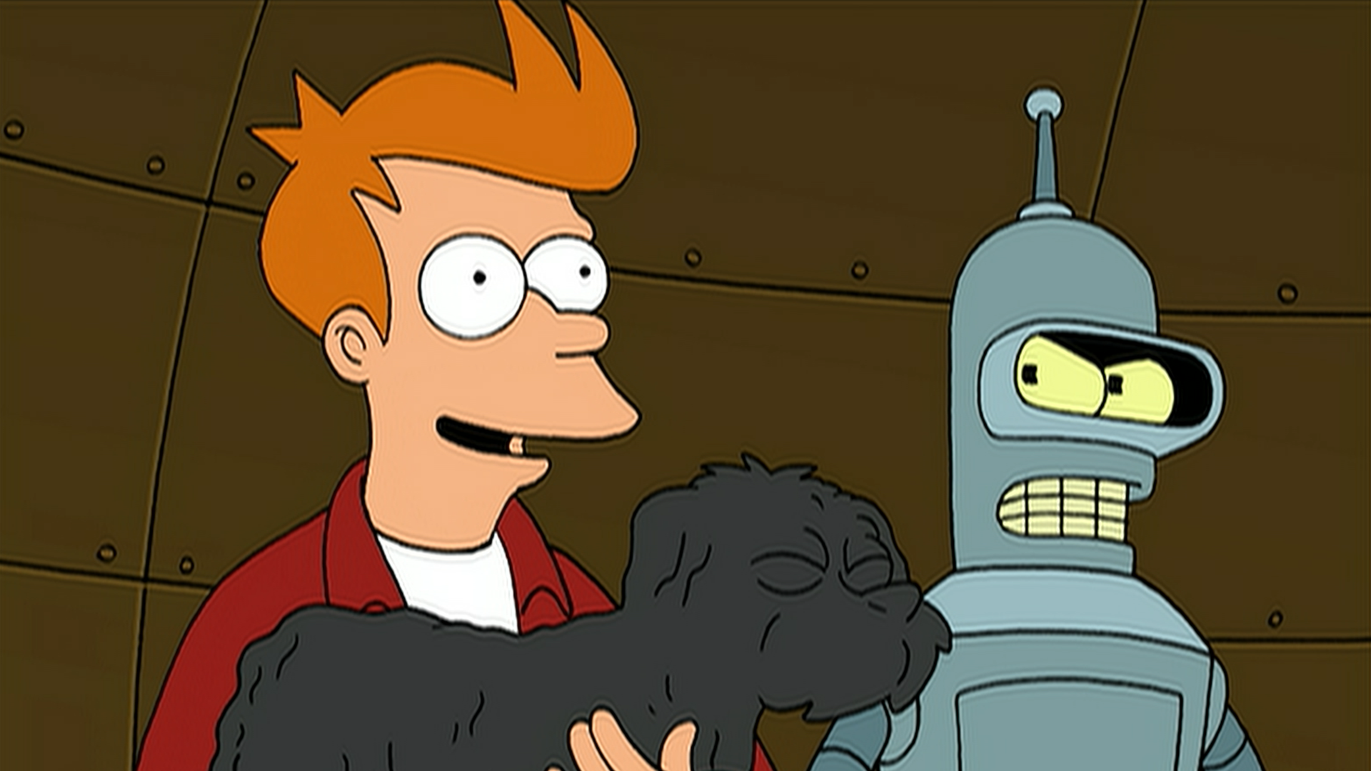 Fry (Billy West) cradles a fossilized Seymour (Frank Welker) while Bender (John DiMaggio) looks on uneasily.