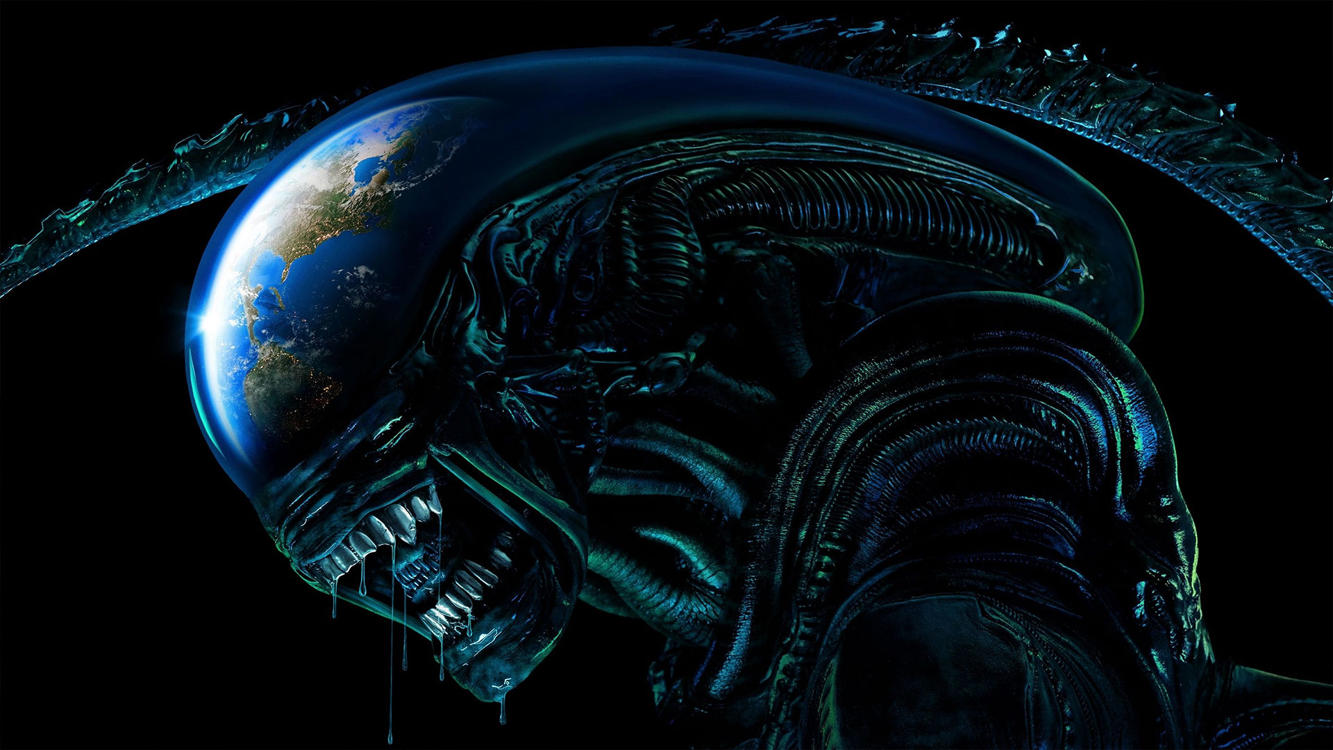 Key art for Alien: Earth featuring a Xenomorph against a black background, with a reflection of Earth visible in its glossy head.