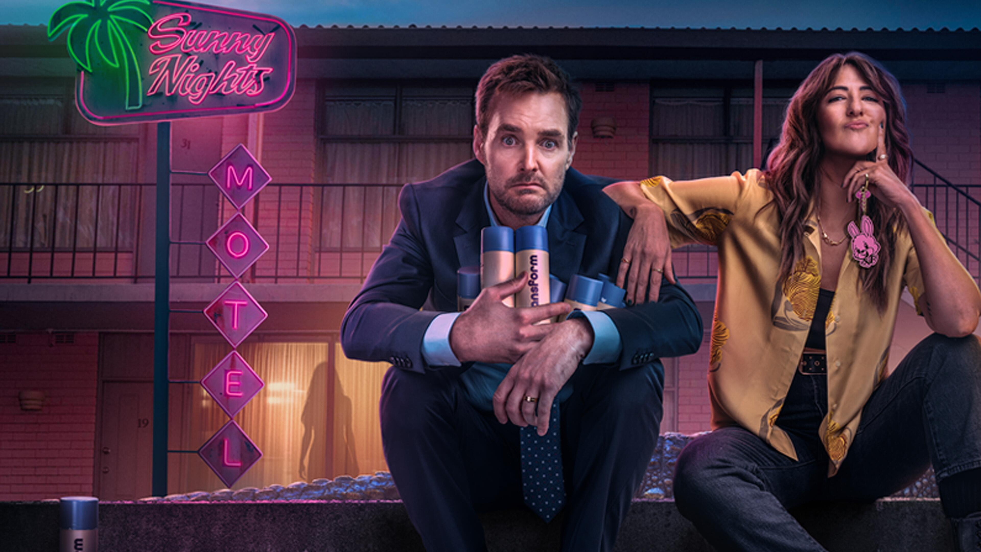 Siblings Martin (Will Forte) and Vicki Marvin (D'Arcy Carden) sitting outside a motel in promotional art for Sunny Nights.