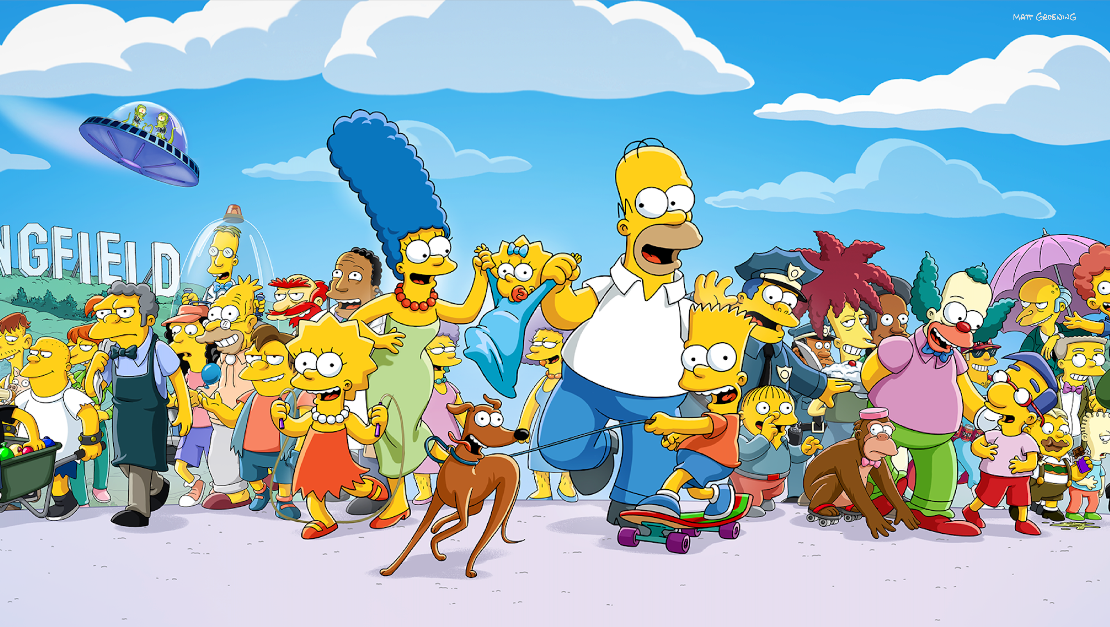 The image shows a large group of characters from the animated television series The Simpsons walking together.