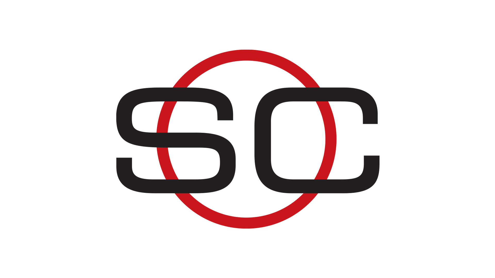 A stylized black "SC" monogram for ESPN's SportsCenter overlaps a thin red circle against a solid white background.
