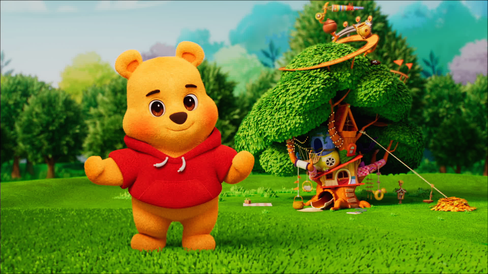This image shows a scene from the Disney Junior series "Me & Winnie the Pooh," specifically from the episode titled "Treehouse Tour". 