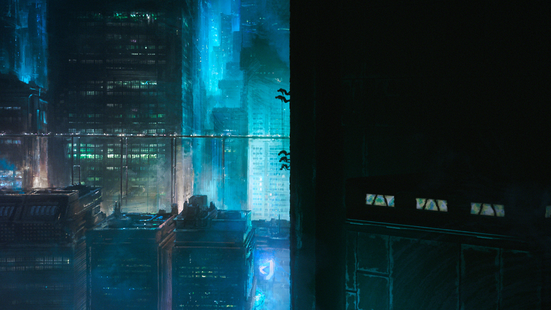 惑星ジャニックスの広角ショットに、青みがかった光が照らす夜の都市景観が映し出されている。