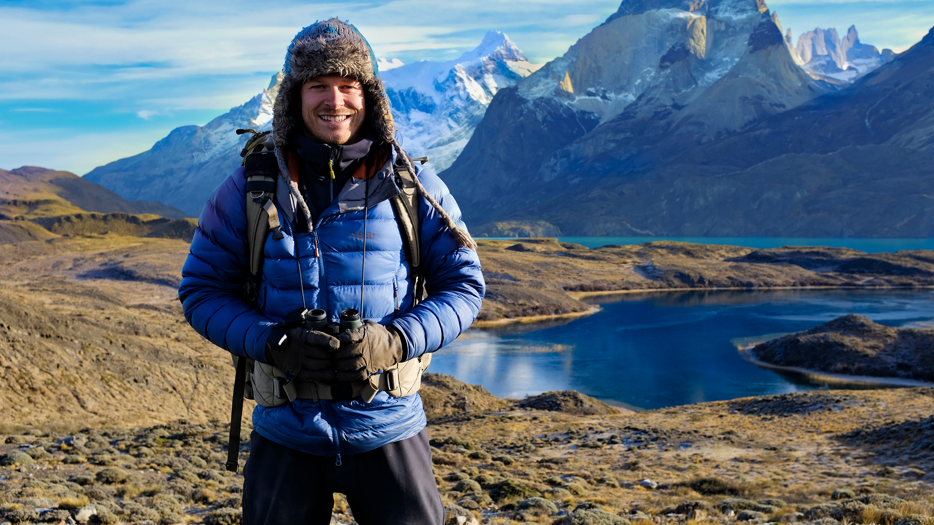 Bertie Gregory, pictured in Torres del Paine National Park in southern Chilean Patagonia. (credit: National Geographic/Jigar Ganatra)