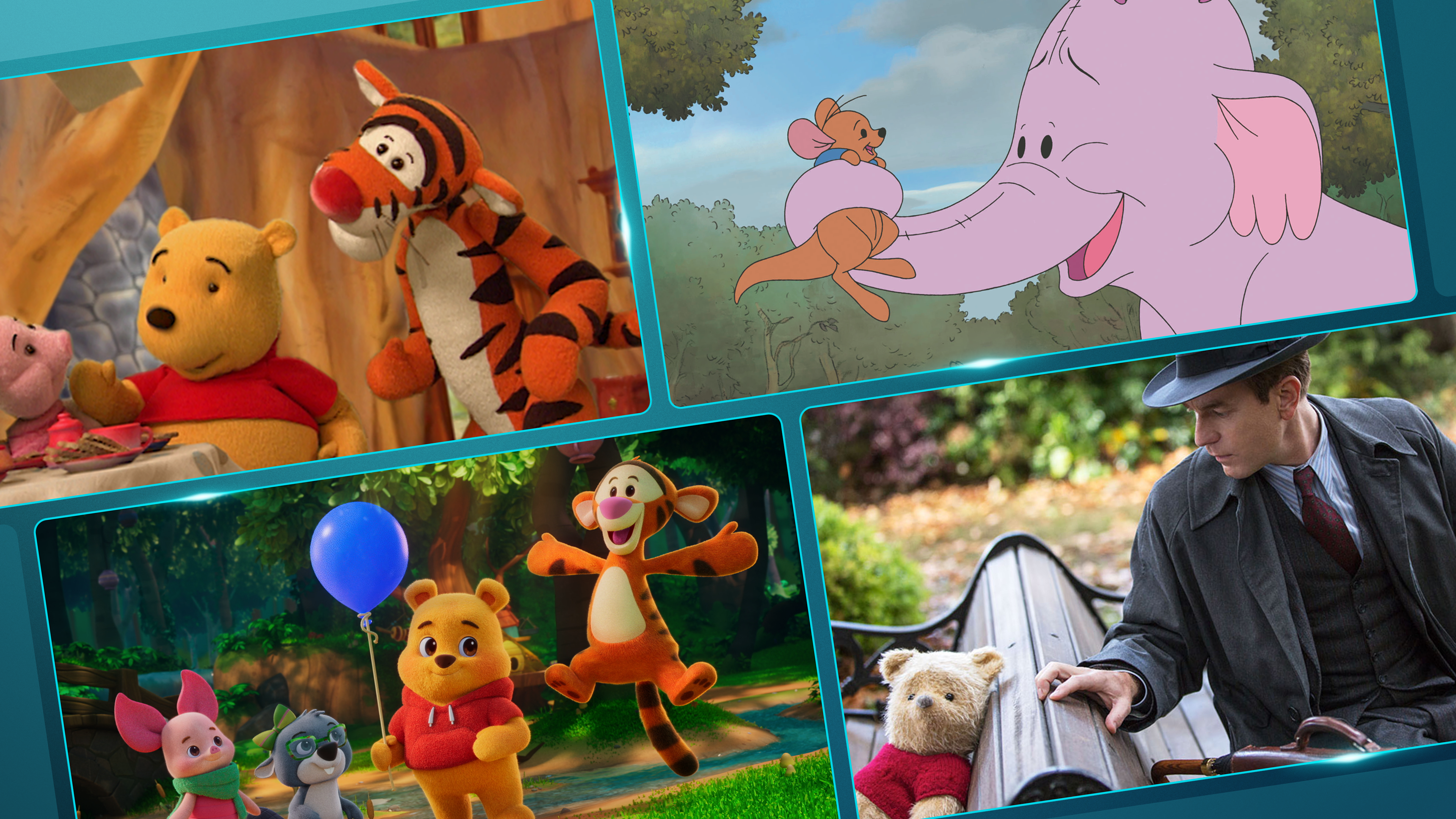 This image collage depicts various scenes from the Disney franchise Winnie the Pooh, including puppet animation, traditional animation, CGI animation, and a live-action scene from Christopher Robin. 