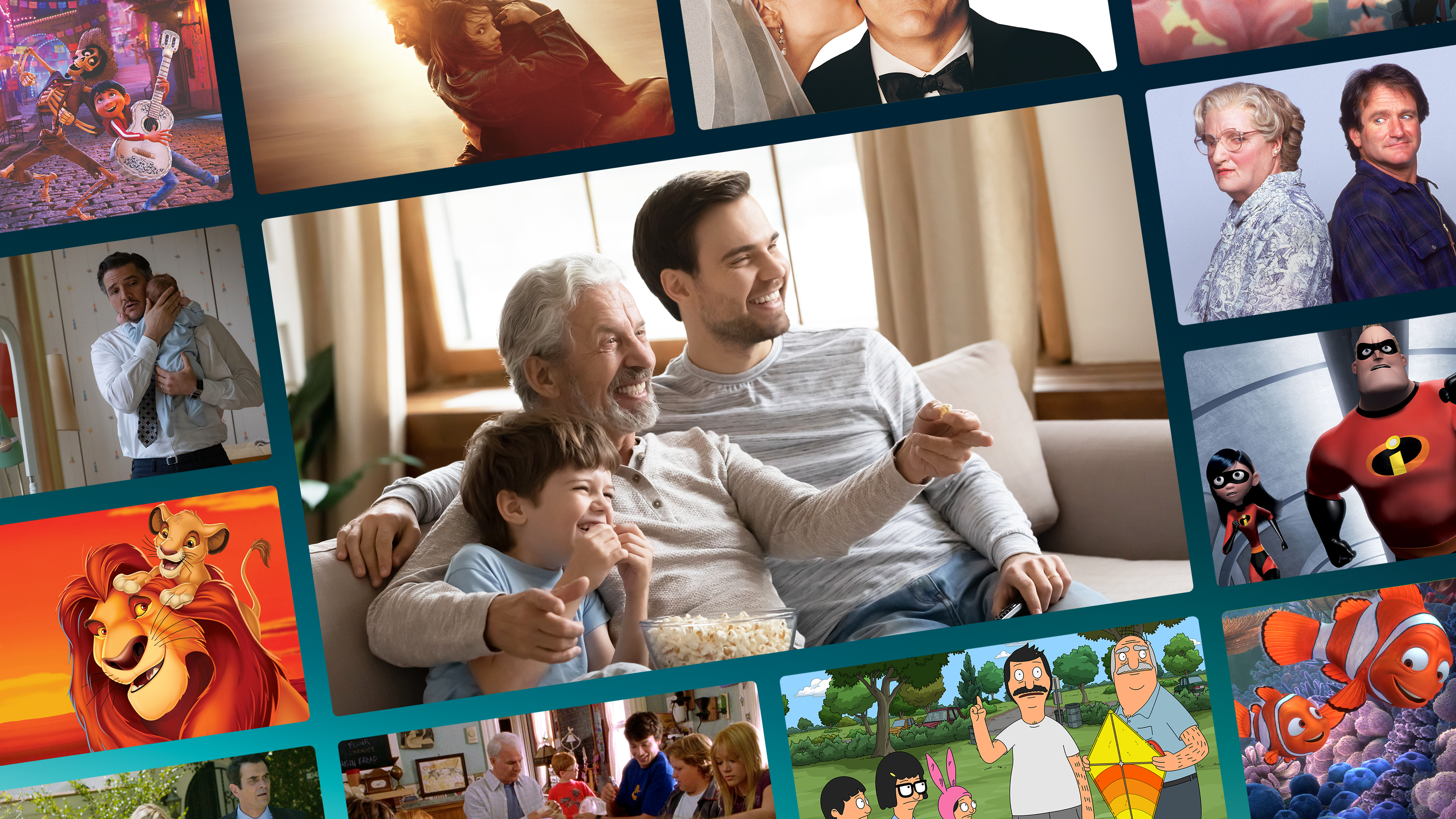 A multi-panel graphic collage displays a central image of a smiling grandfather, father, and young son sitting on a couch eating popcorn together while watching television, completely surrounded by smaller panels featuring iconic movie and TV scenes that celebrate fatherhood, including Coco, Logan, Father of the Bride, Mrs. Doubtfire, The Fantastic Four: First Steps, The Incredibles, The Lion King, Cheaper by the Dozen, Bob's Burgers, Finding Nemo, Modern Family, and Malcolm in the Middle.