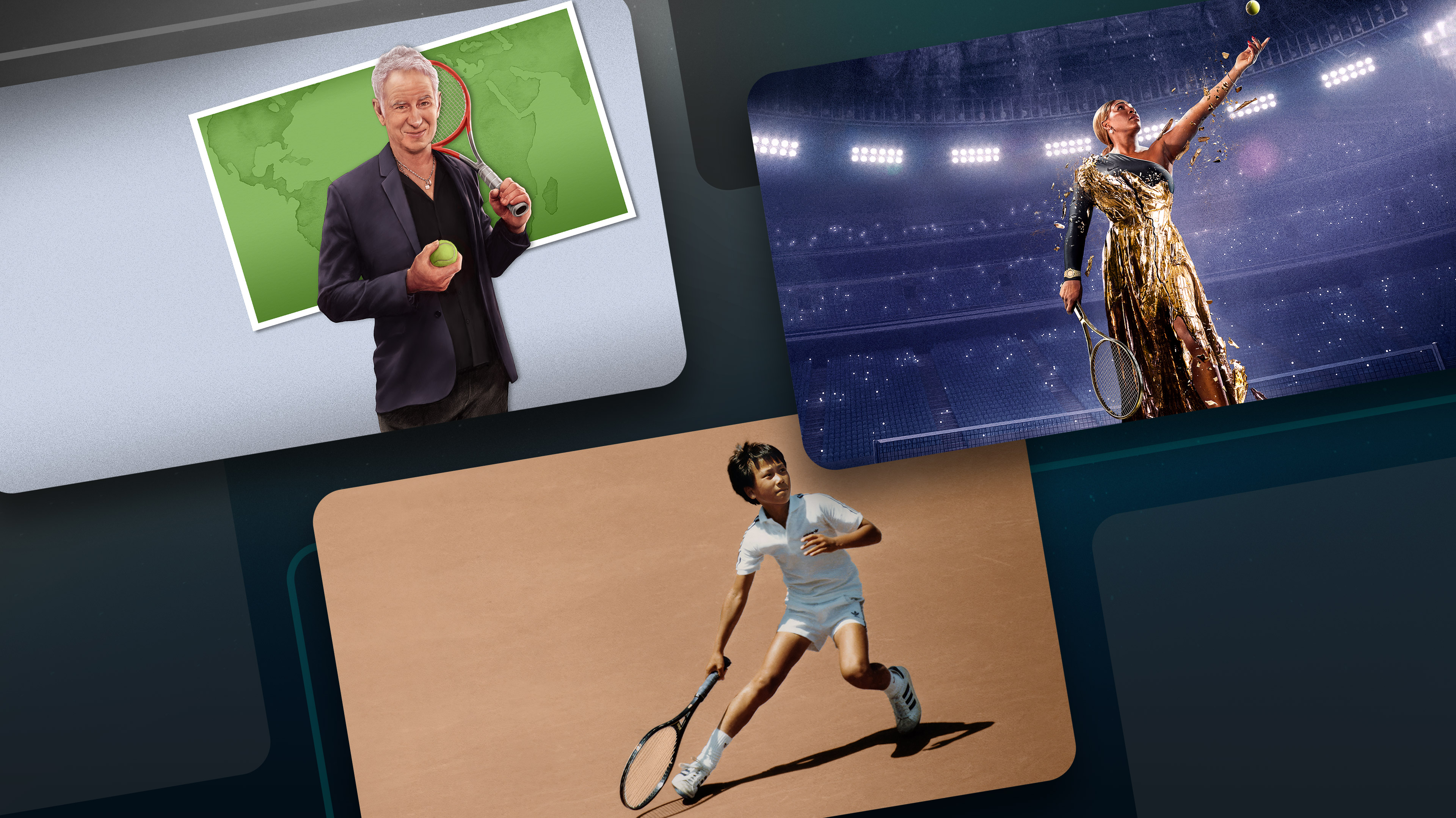 Grid showcasing some of the titles featured in the tennis watch guide on Disney+.