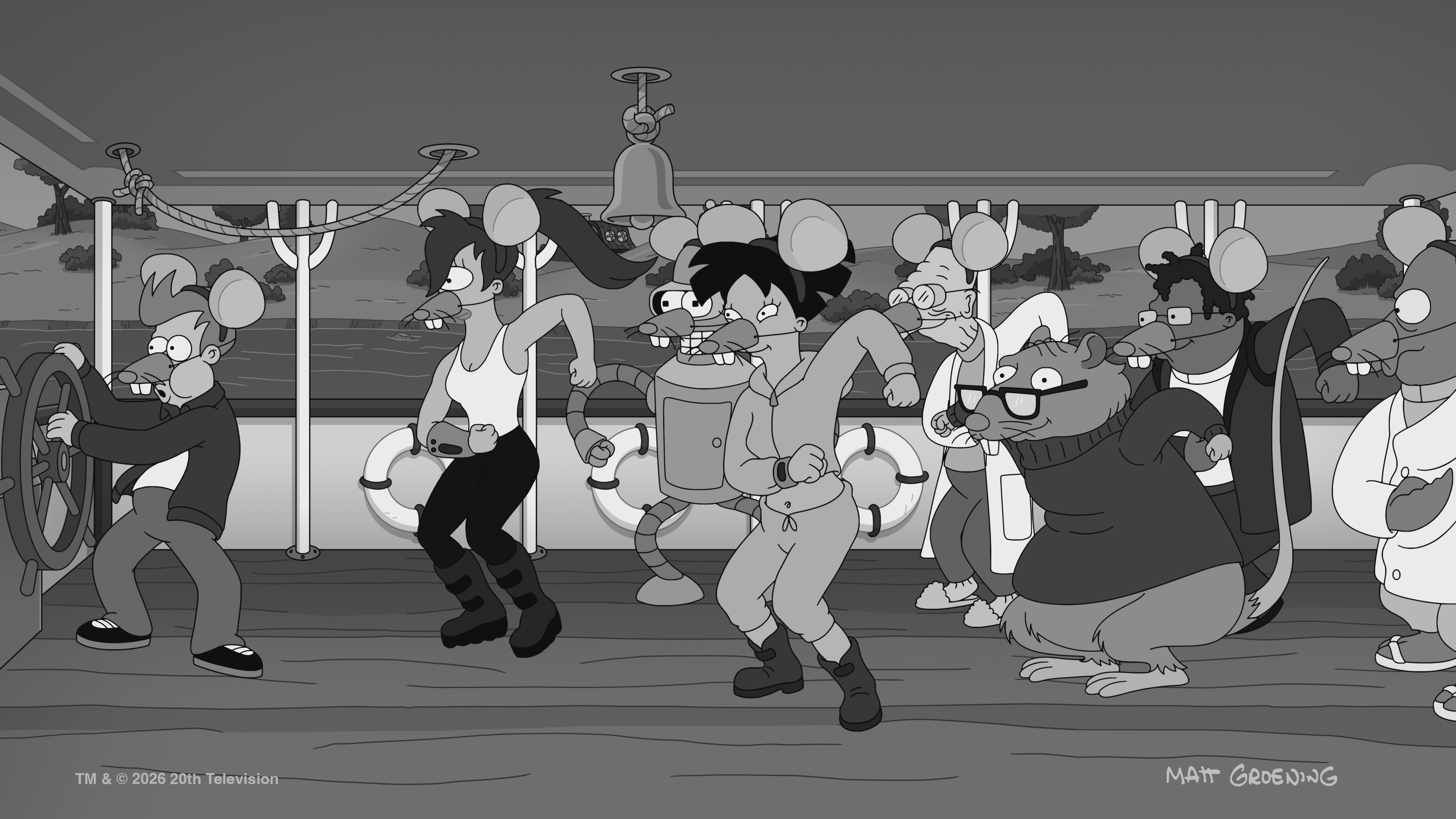 A balck and white image of Leela, Amy, Bender, the Professor, and Hermes dressed like mice and doing a dance