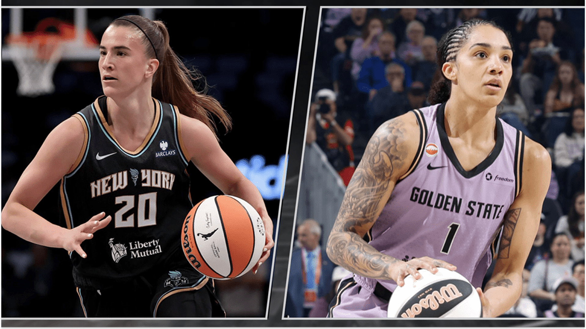 This image shows Sabrina Ionescu of the New York Liberty and Gabby Williams of the Golden State Valkyries, both of whom were named starters for the 2026 WNBA All-Star Game.