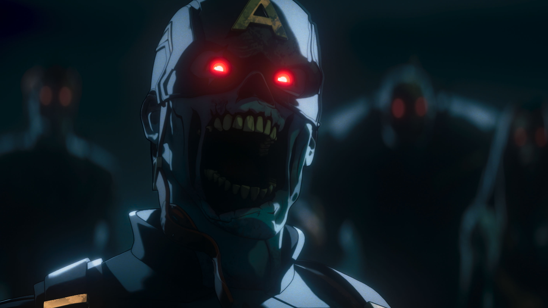 A close up of zombie Captain America.