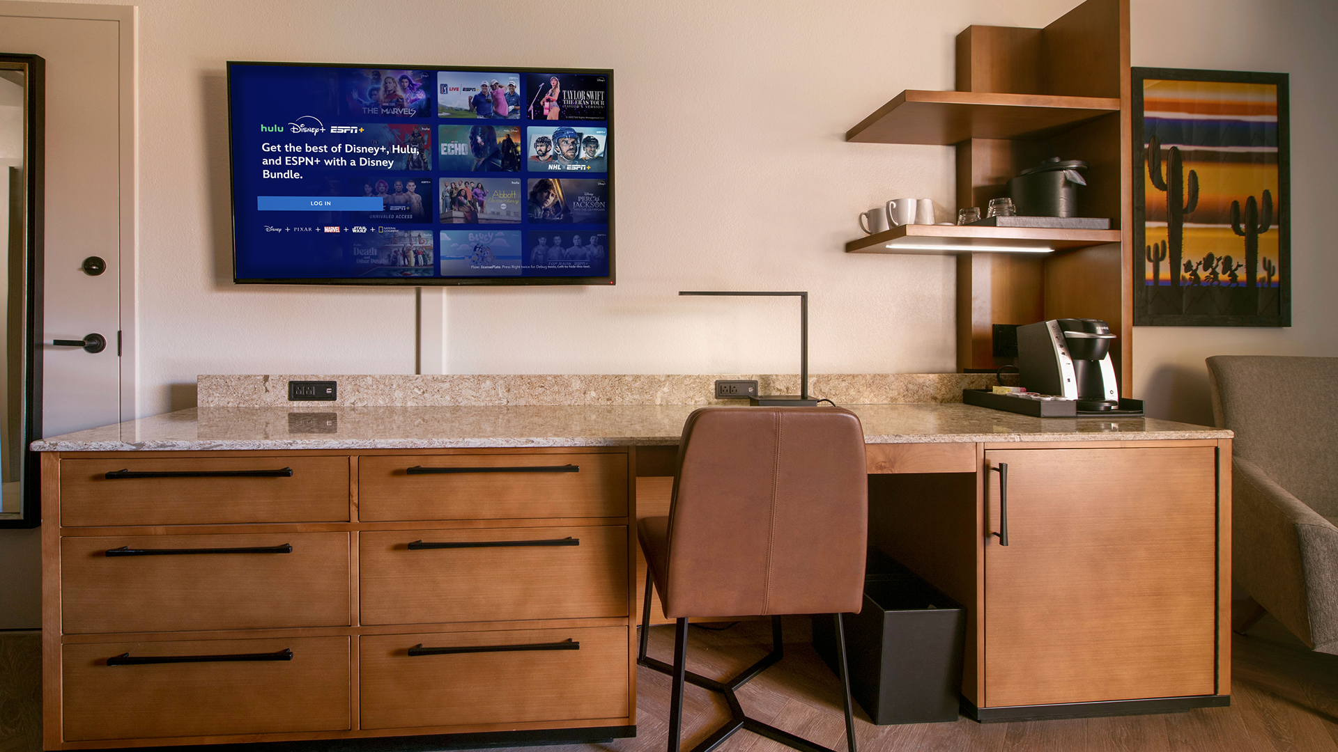 A hotel room with Disney+ on the TV