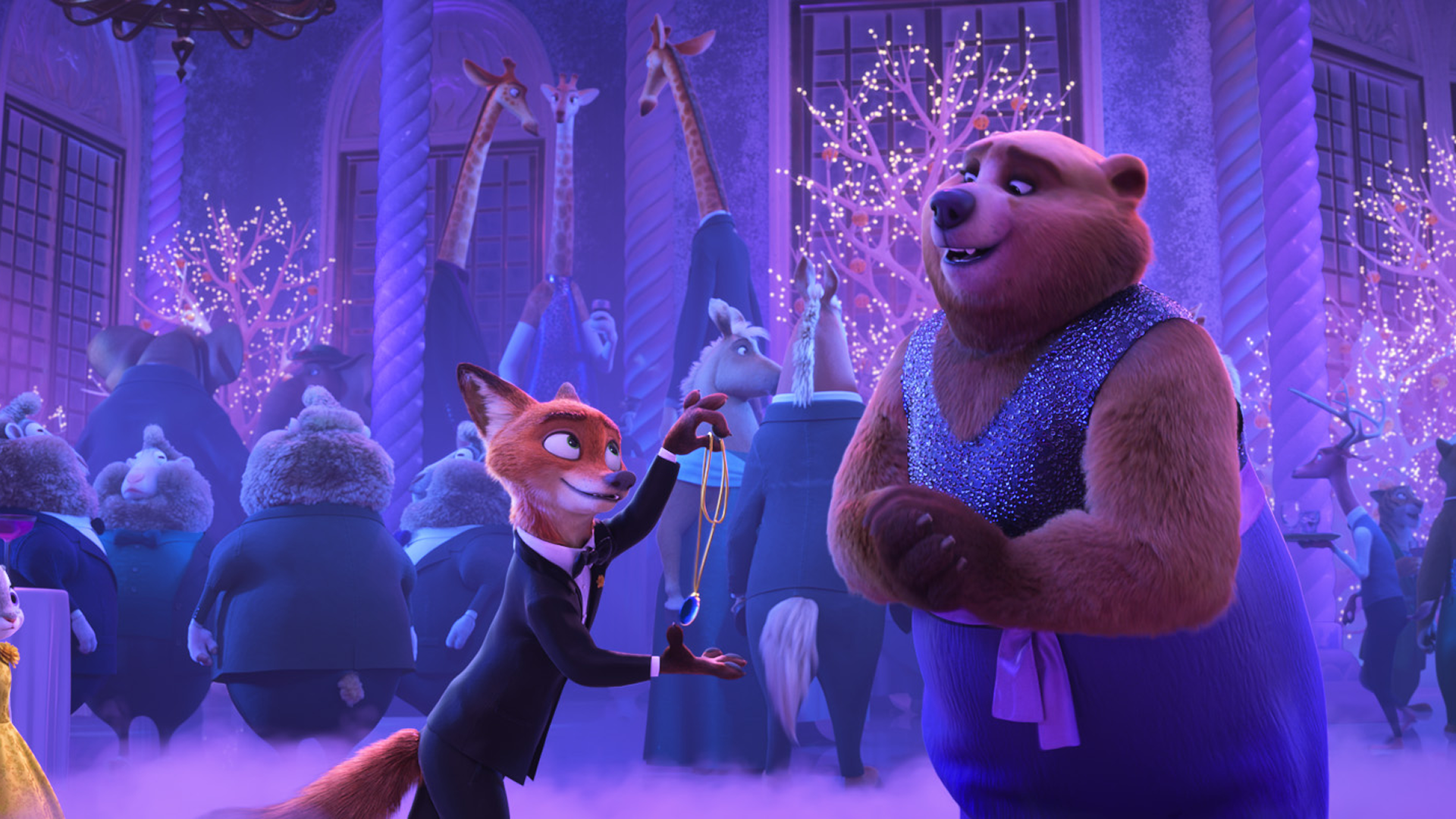 This scene depicts a moment from the upcoming film Zootopia 2, featuring Nick Wilde interacting with a new character named the Bearoness. 
