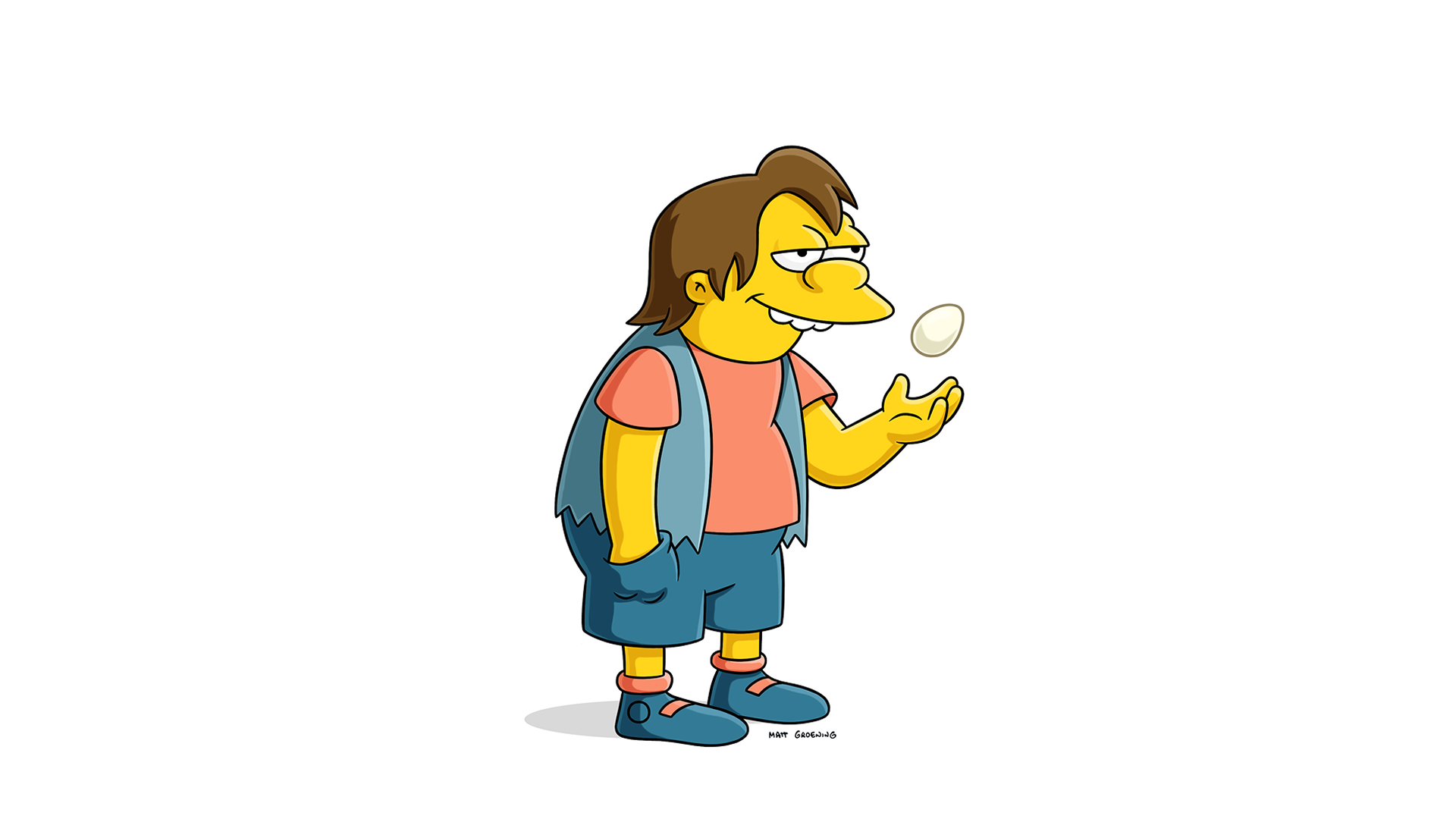 This is Nelson Muntz from The Simpsons, known as the school bully. He is depicted holding an egg, often associated with his mischievous nature.