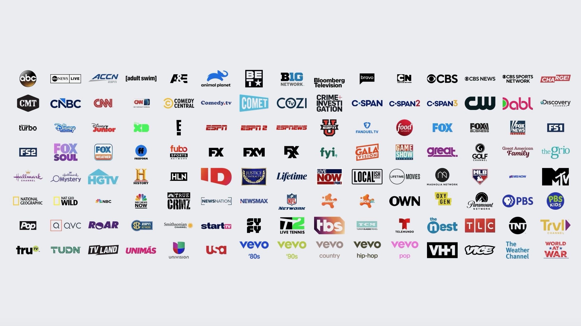 Logos of the local and cable channels available to stream with Hulu + Live TV.