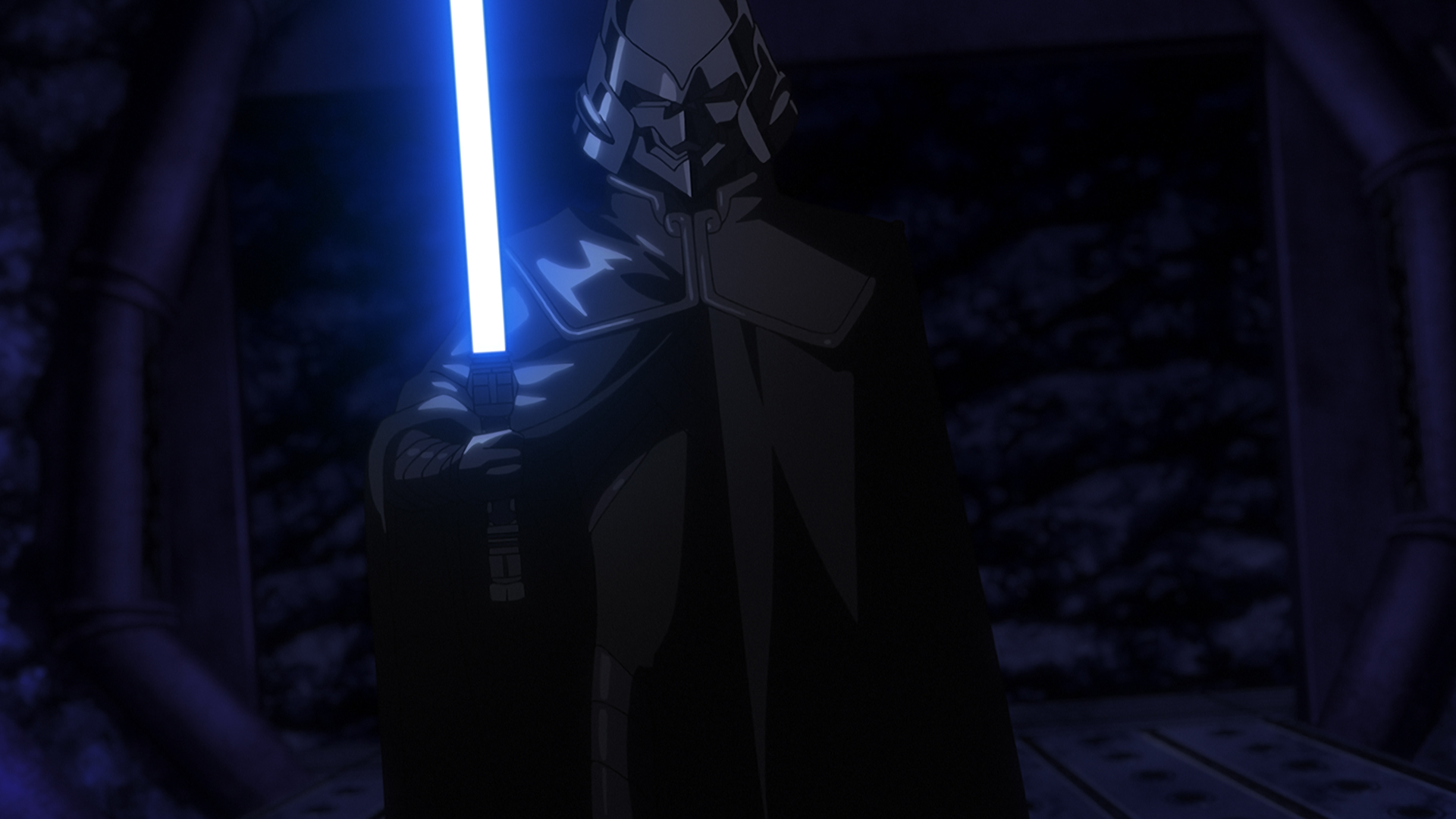 Masked antagonist General Nawaam wielding a blue lightsaber.