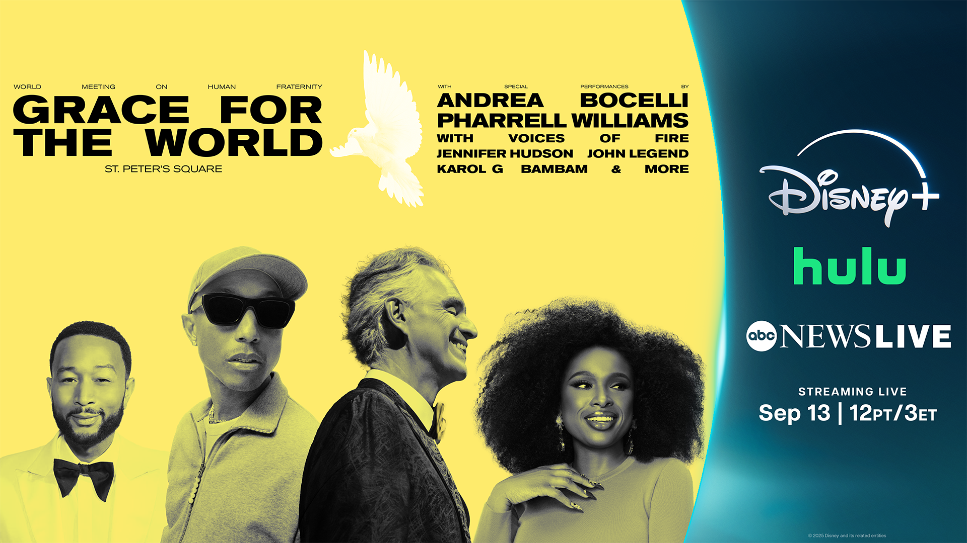 Artwork promoting the Grace for the World concert featuring John Legend, Pharrell Williams, Andrea Bocelli, and Jennifer Hudson.