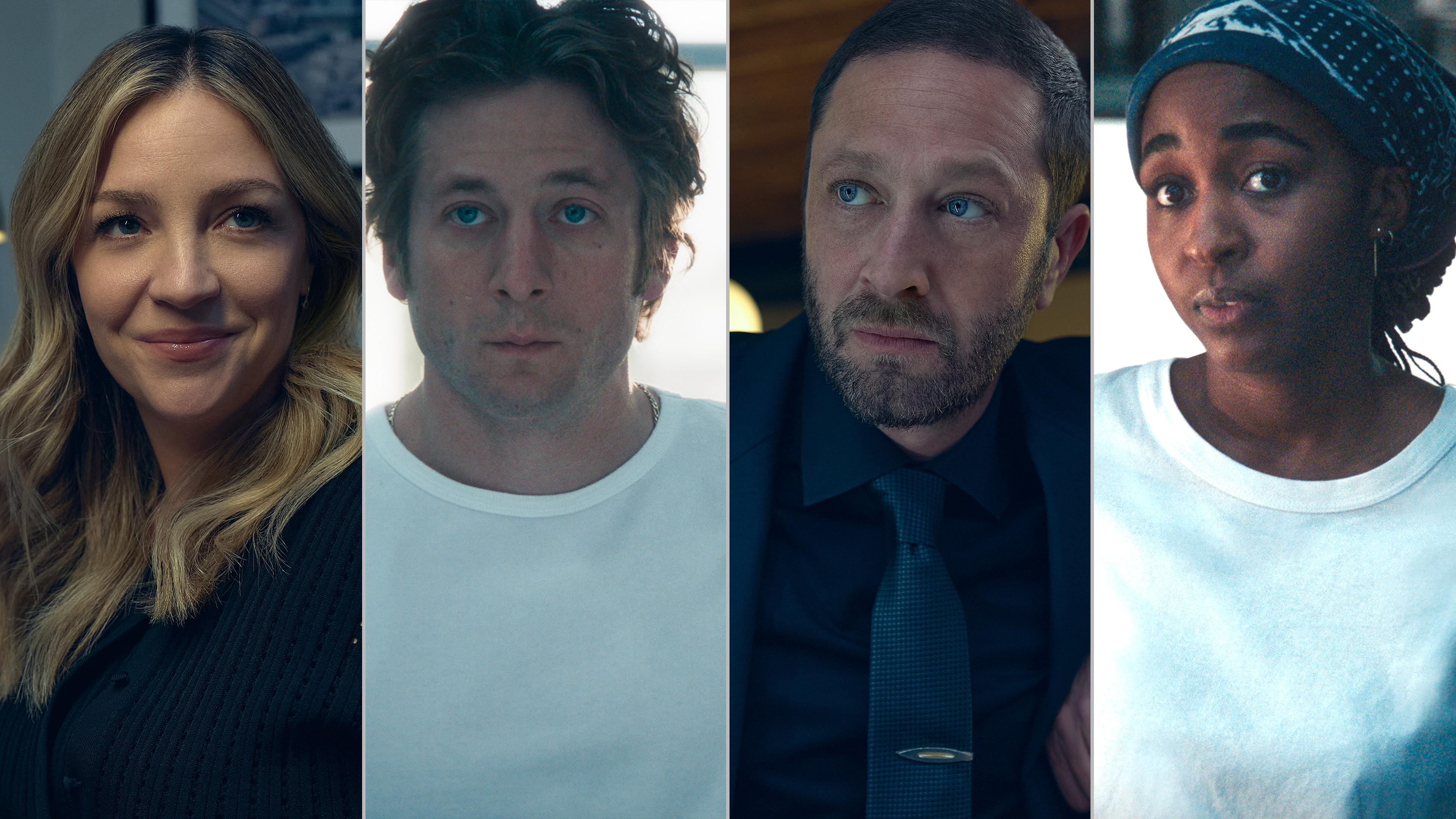 A four-panel grid features key characters from The Bear including Natalie "Sugar" Berzatto (Abby Elliott), Carmen "Carmy" Berzatto (Jeremy Allen White), Richard "Richie" Jerimovich (Ebon Moss-Bachrach), and Sydney Adamu (Ayo Edebiri).