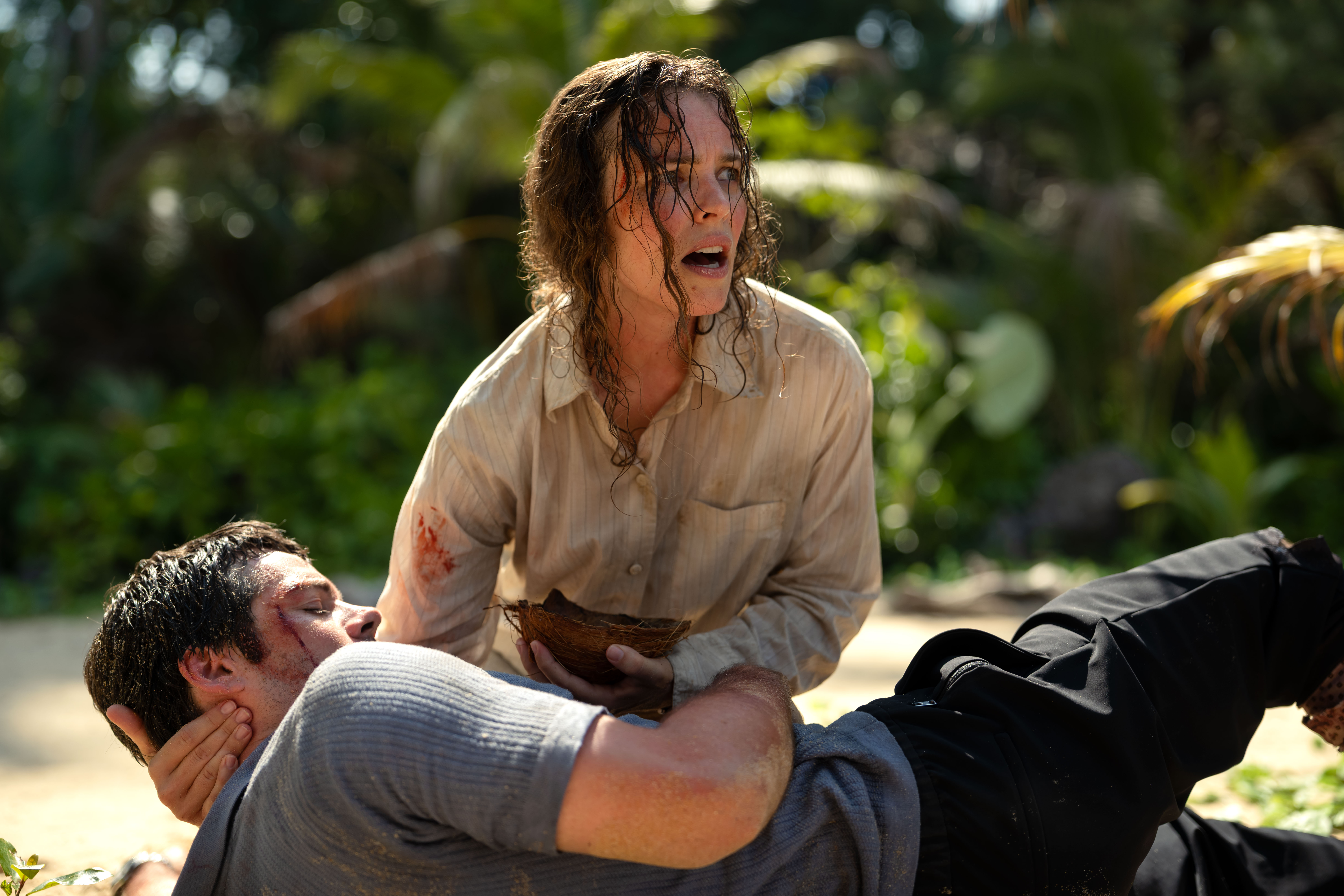 This image is a still from the upcoming survival horror film Send Help, directed by Sam Raimi and starring Rachel McAdams and Dylan O'Brien.