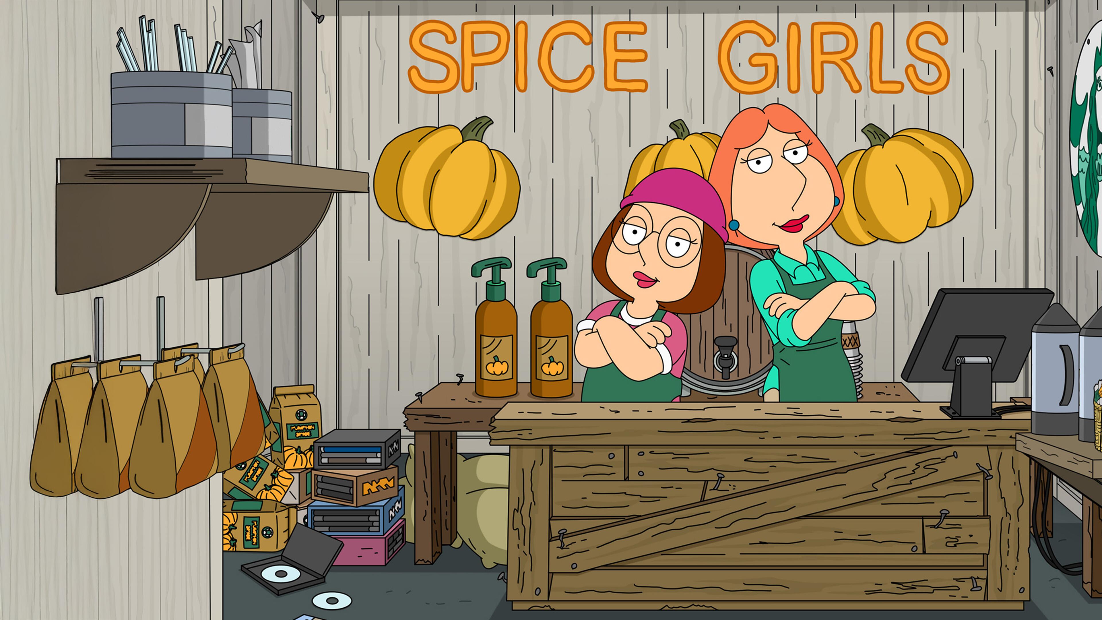 Meg and Lois Griffin stand behind the counter of a pumpkin spice-themed shop in a scene from Family Guy Season 24.