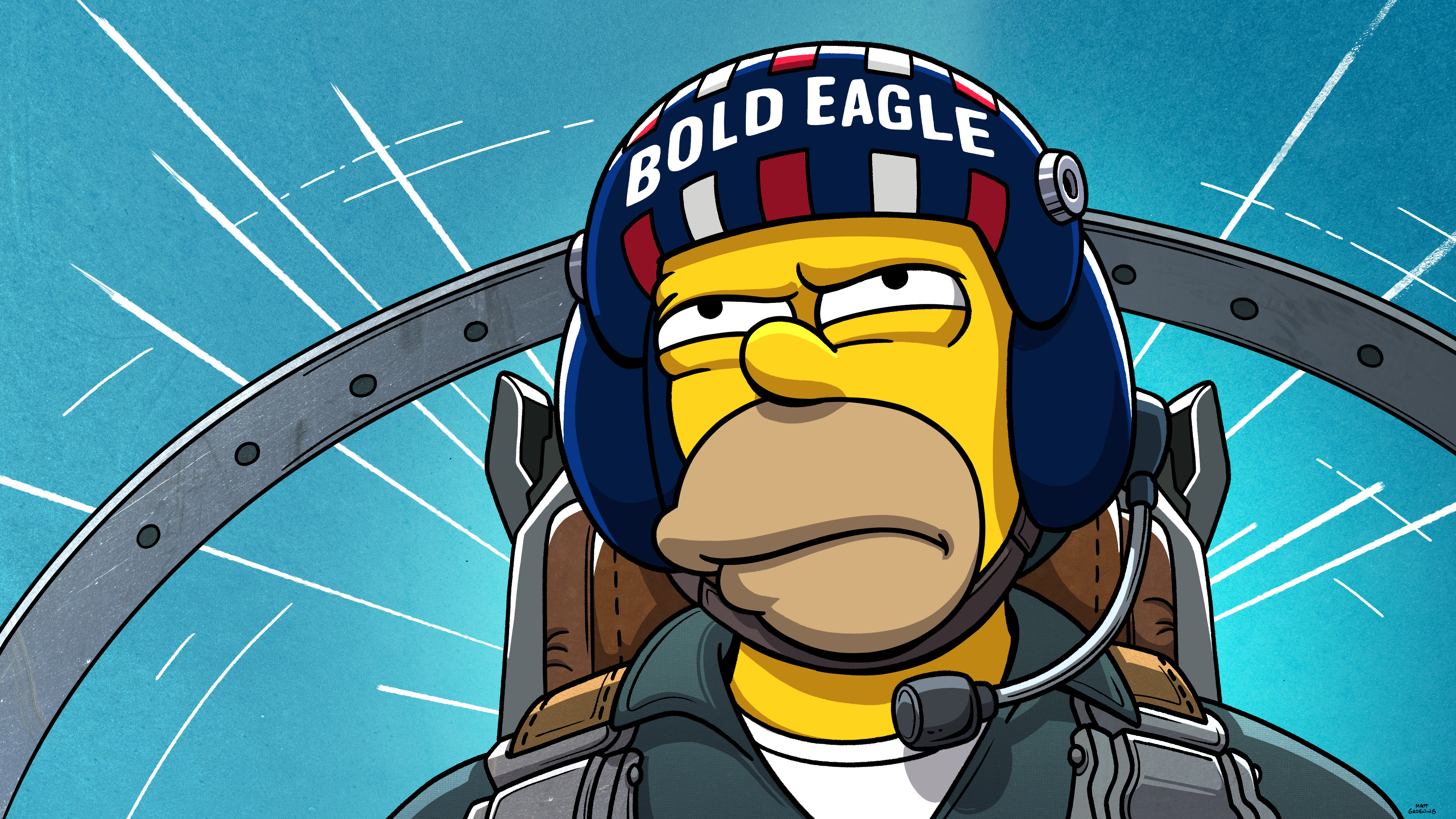Homer Simpson flying a fighter jet, wearing a hemet that reads "Bold Eagle"
