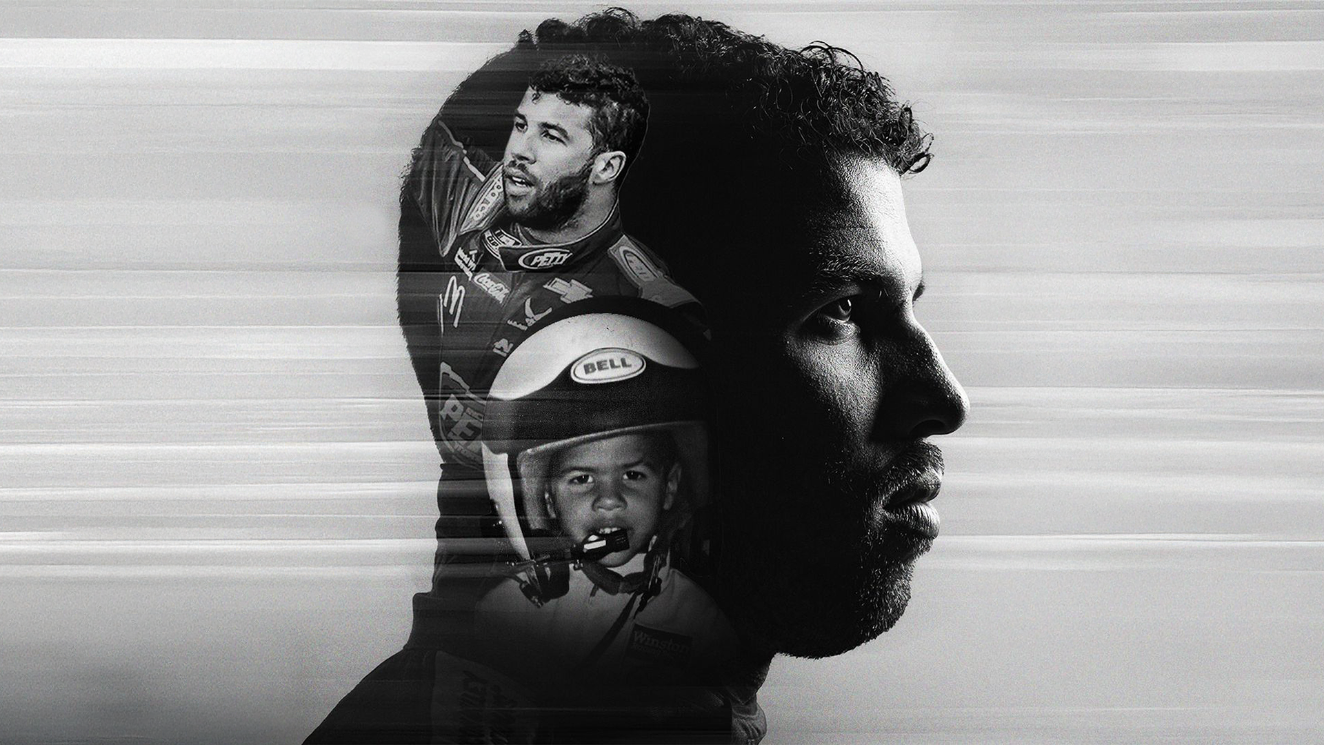 This black and white image features a double exposure portrait of NASCAR driver Bubba Wallace, prominently displaying his profile alongside a smaller image of him as a child in a helmet.
