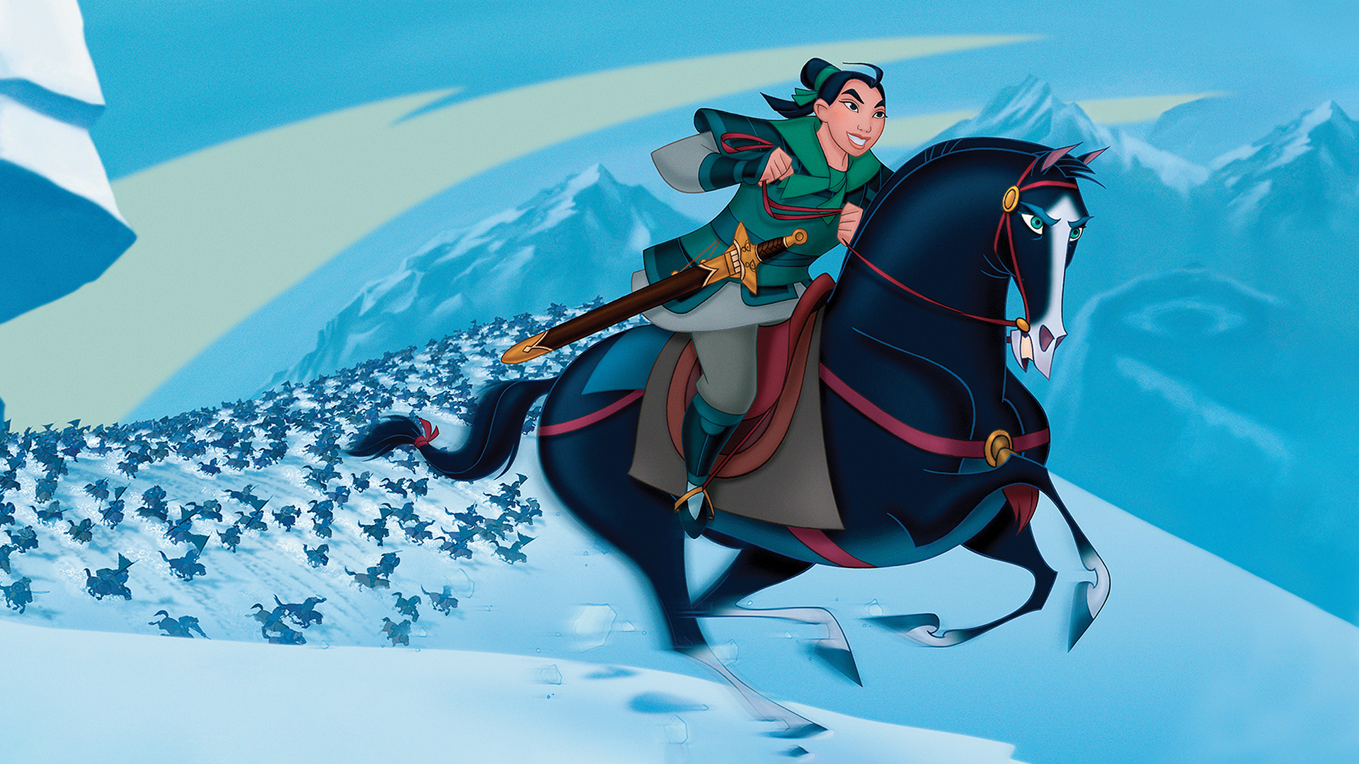 Una escena de la película animada de Disney Mulán (1998) muestra al personaje montando a su caballo, Khan, en un paisaje montañoso cubierto de nieve 