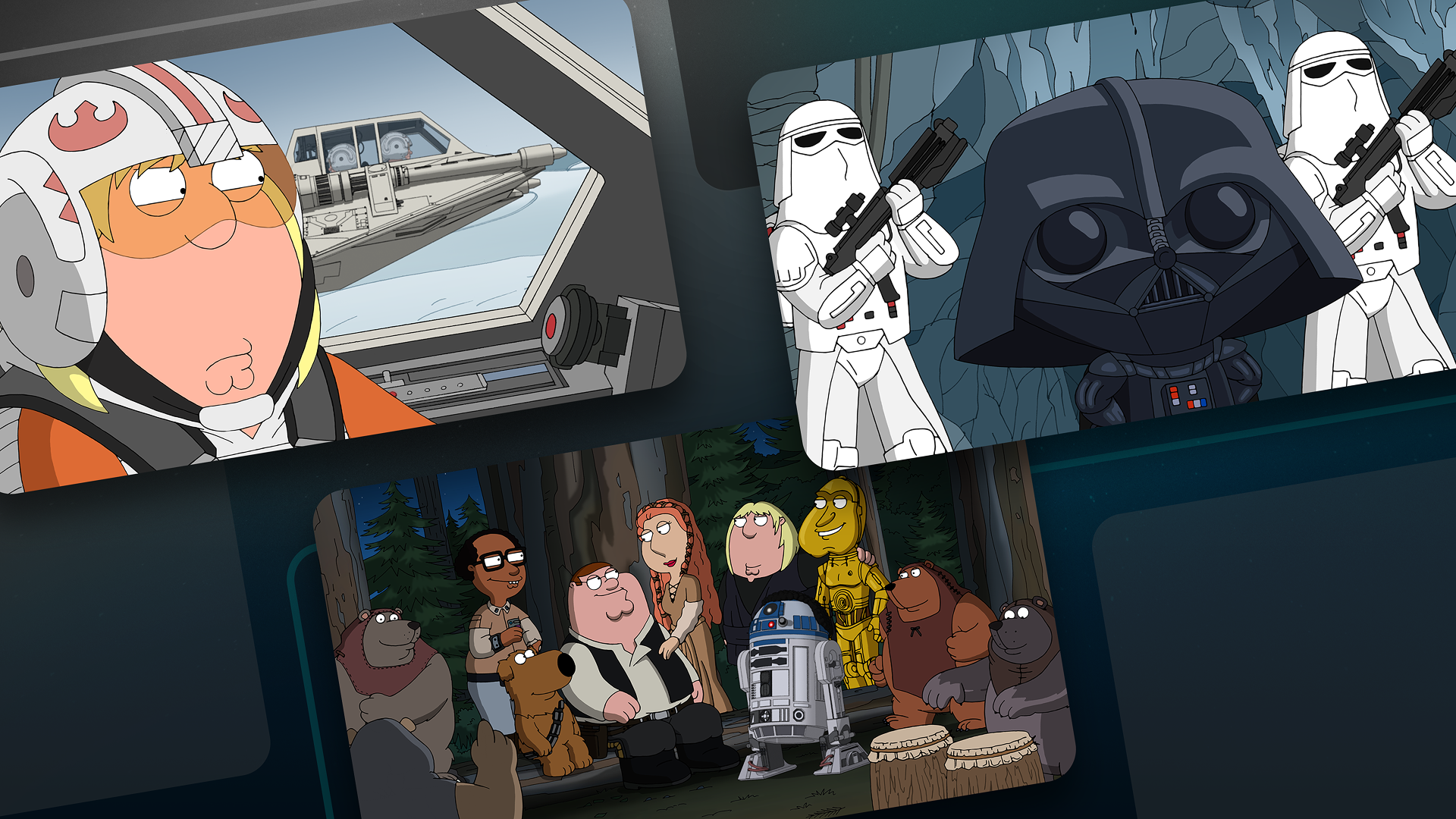 A collage of stills from Blue Harvest, Something, Something, Something, Dark Side, and It's a Trap