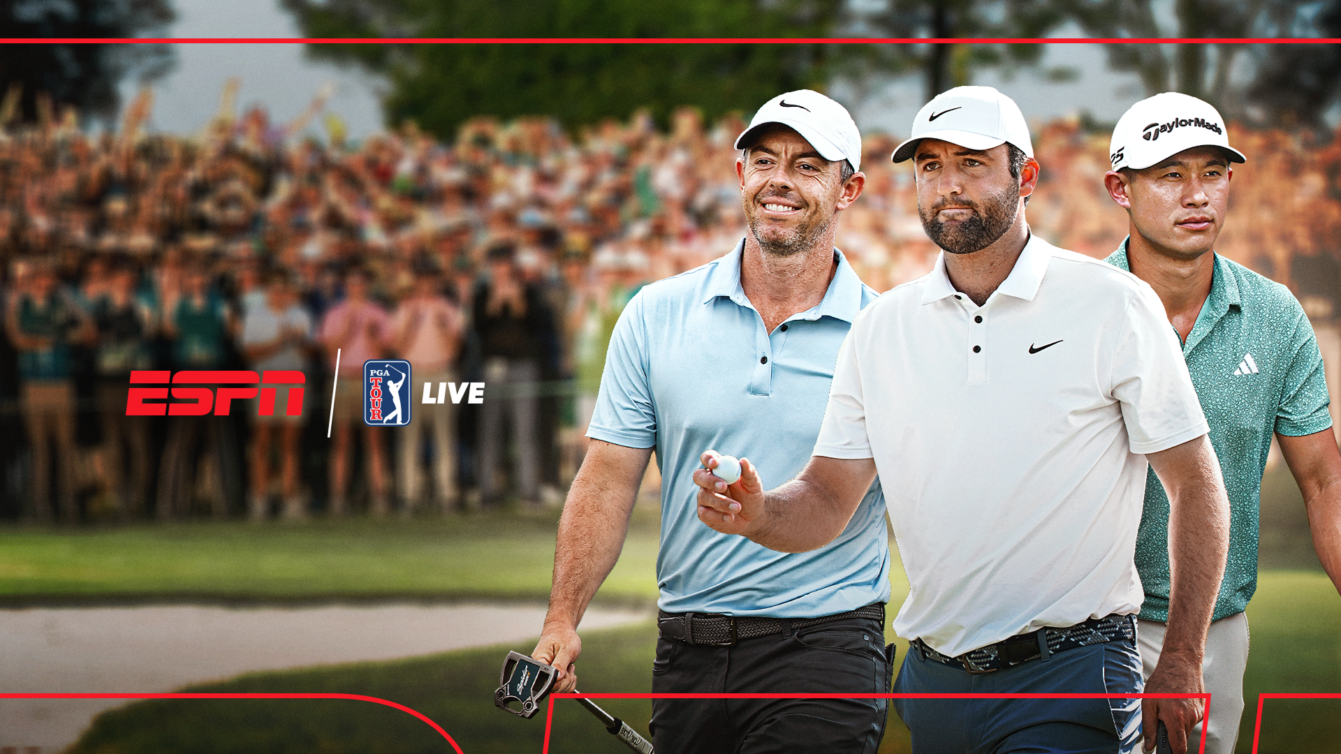 This image shows professional golfers Rory McIlroy and Scottie Scheffler walking on a course during PGA TOUR Live on ESPN.