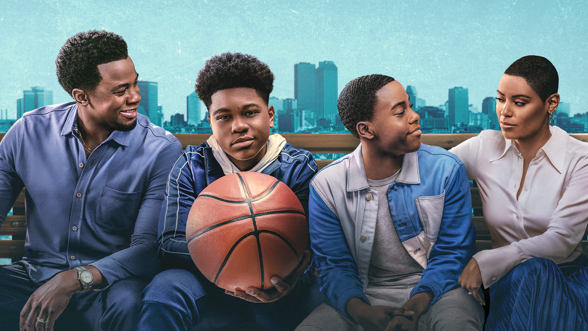 Key art from the Disney series The Crossover featuring the Bell family including: brothers Josh "Filthy" Bell: (Jalyn Hall) and Jordan "JB" Bell (Amir O’Neil), their father Chuck Bell (Derek Luke), and their mother Crystal Bell (Sabrina Revelle).