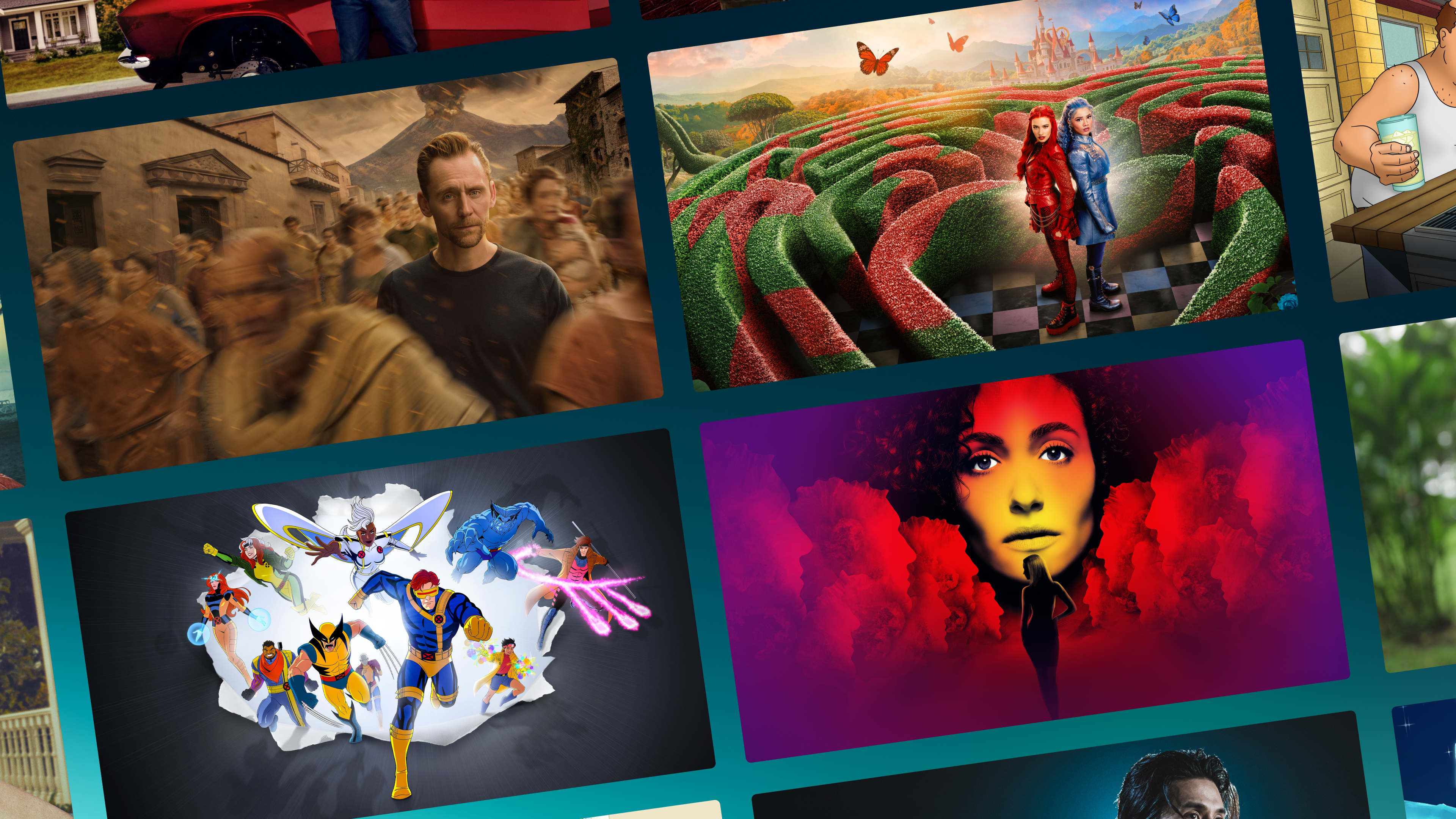 A grid of streaming platform tiles features promotional artwork for various television shows and films, including FX's The Bear, Avatar: Fire and Ash, and other live-action and animated series.