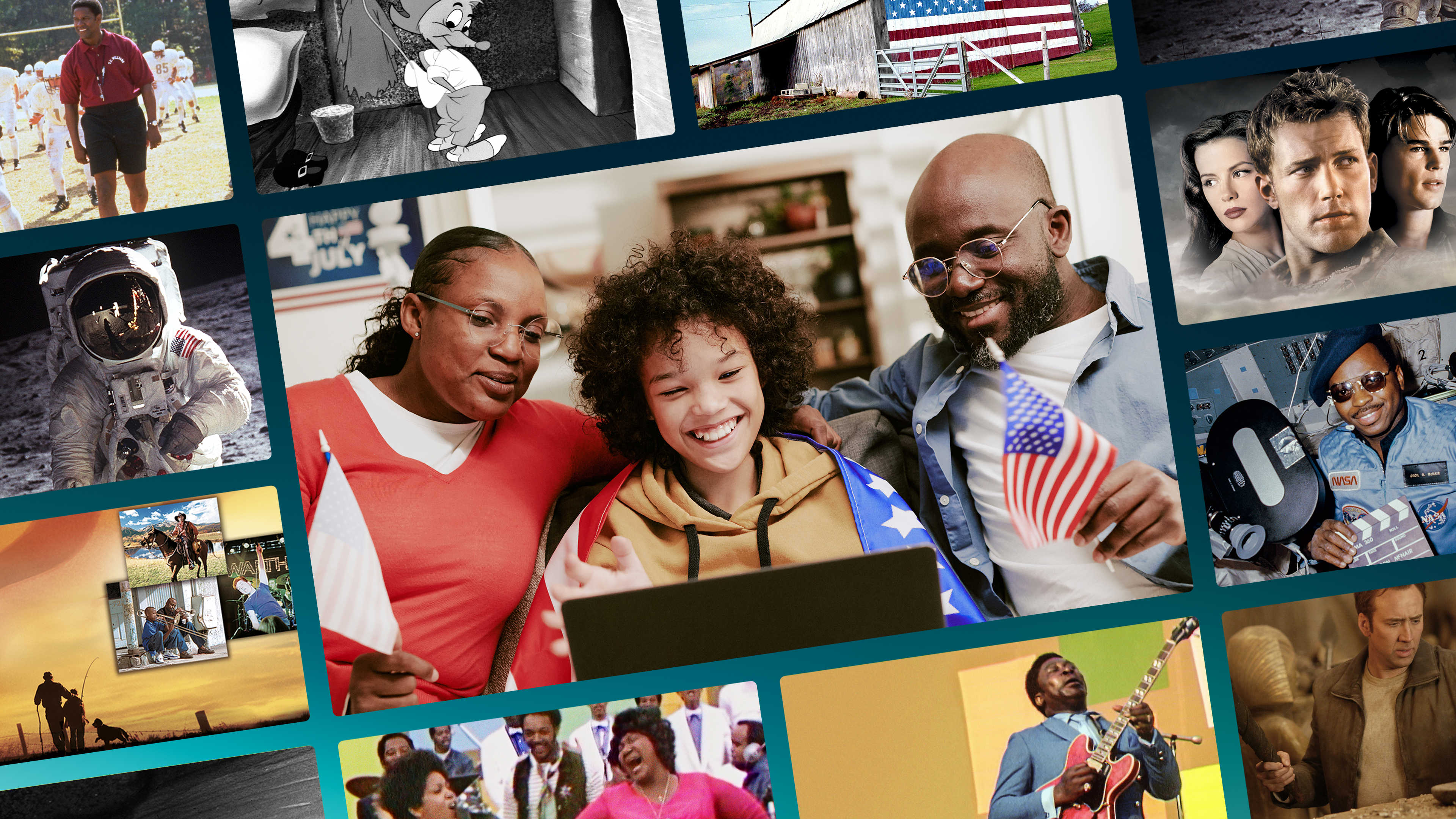 An image of a man, woman, and a child in front of a laptop, holding American flags. The central image is surrounded by images from the movies in this Watch Guide