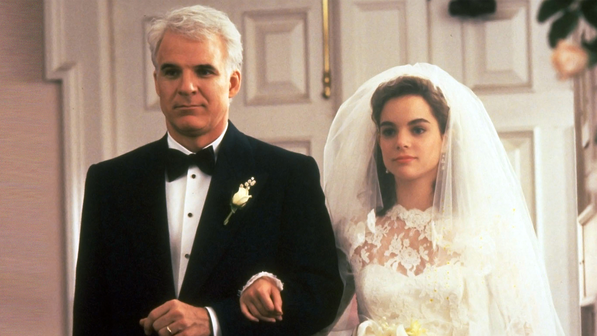 This image features Steve Martin and Kimberly Williams-Paisley from the 1991 romantic comedy film Father of the Bride.