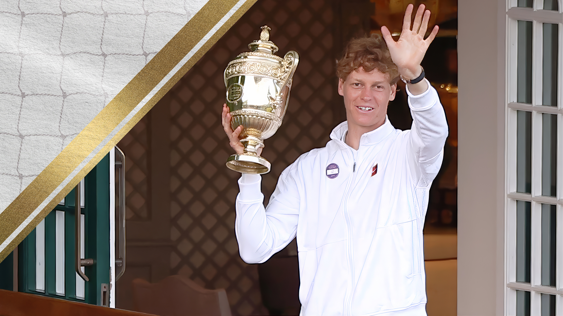 2025 Wimbledon champion Jannik Sinner holds his trophy and waves to the fans.