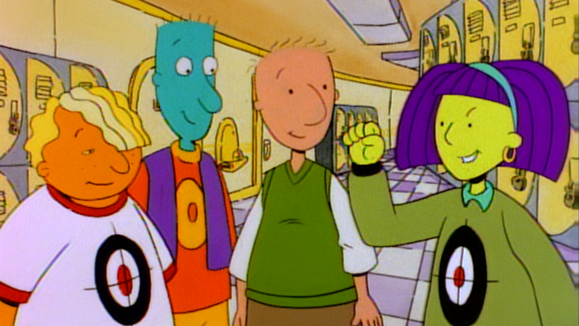 Four main characters from the 1990s animated series Doug, including Skeeter Valentine and Doug Funnie, standing in a school hallway corridor.