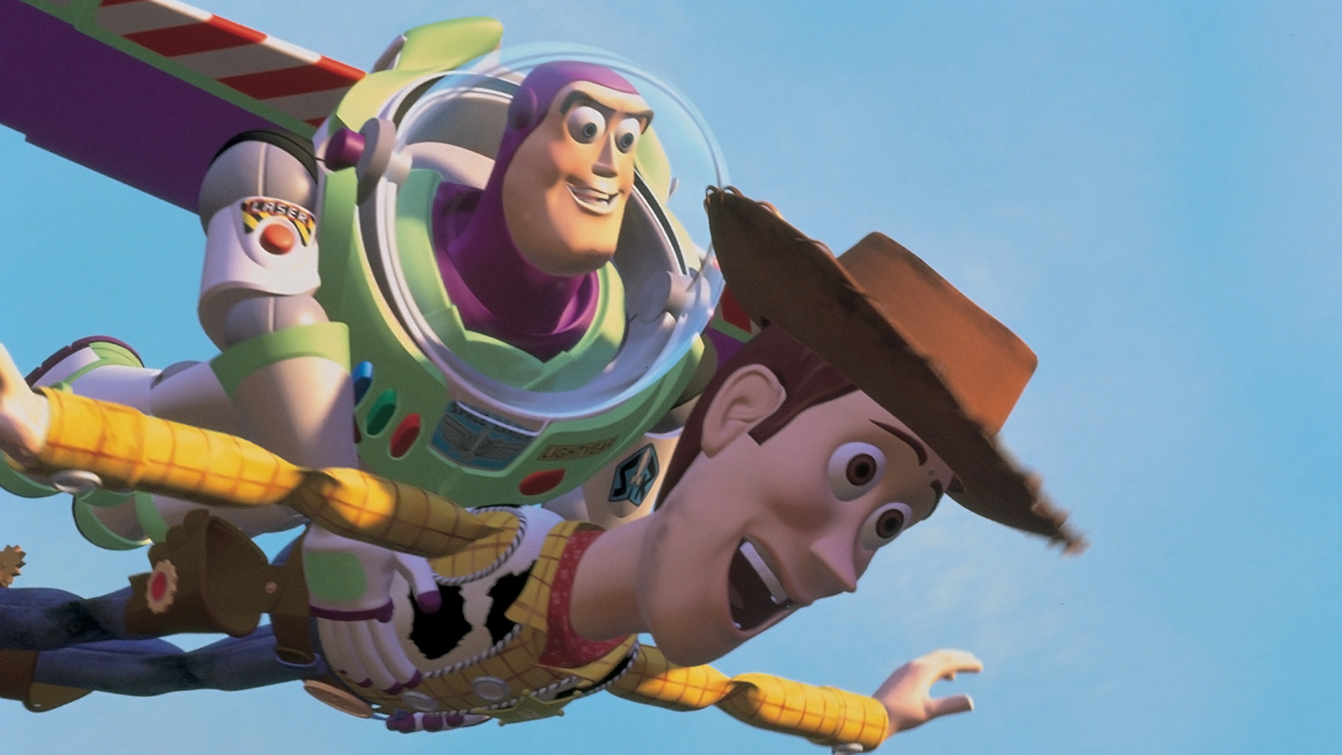 Woody and Buzz Lightyear flying to catch up with Andy's moving van in Toy Story