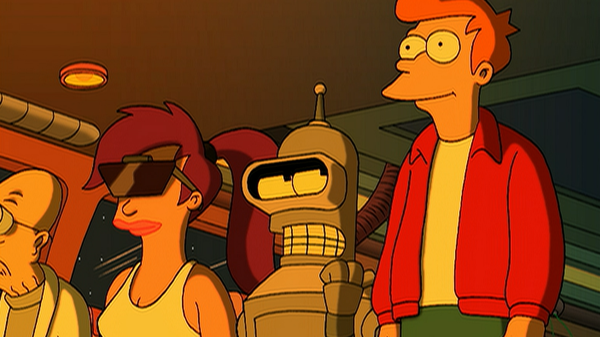 Leela (Katey Sagal), Bender (John DiMaggio), and Fry (Billy West) stand shoulder to shoulder under orange lighting, with Leela wearing a futuristic visor.