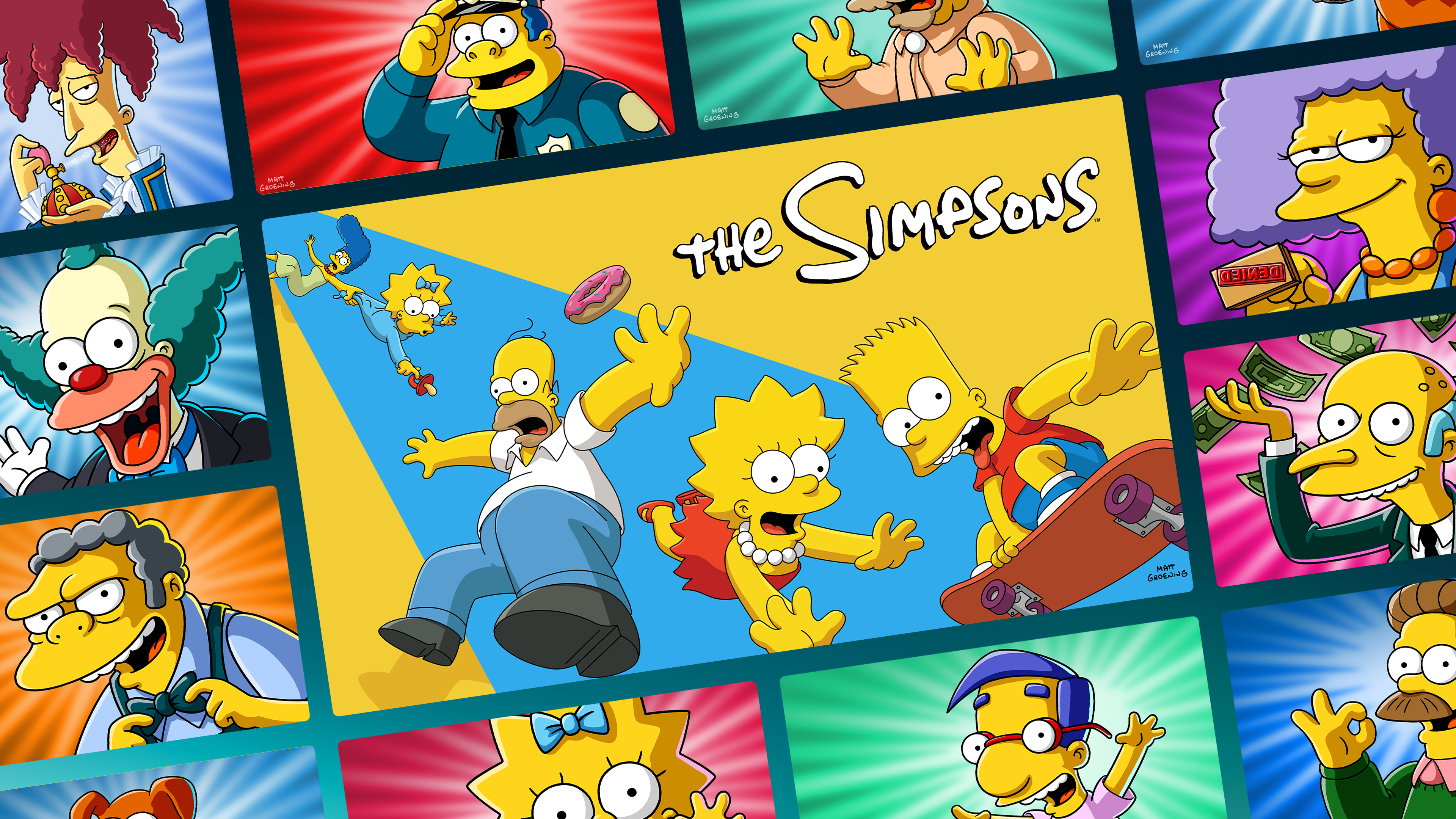 A large, tilted yellow rectangle takes up the middle of the frame, showcasing the core Simpson family—Homer, Bart, Lisa, Marge, and Maggie—running and falling in mid-air below the iconic white, stylized "The Simpsons" logo. A pink frosted donut floats near Homer.