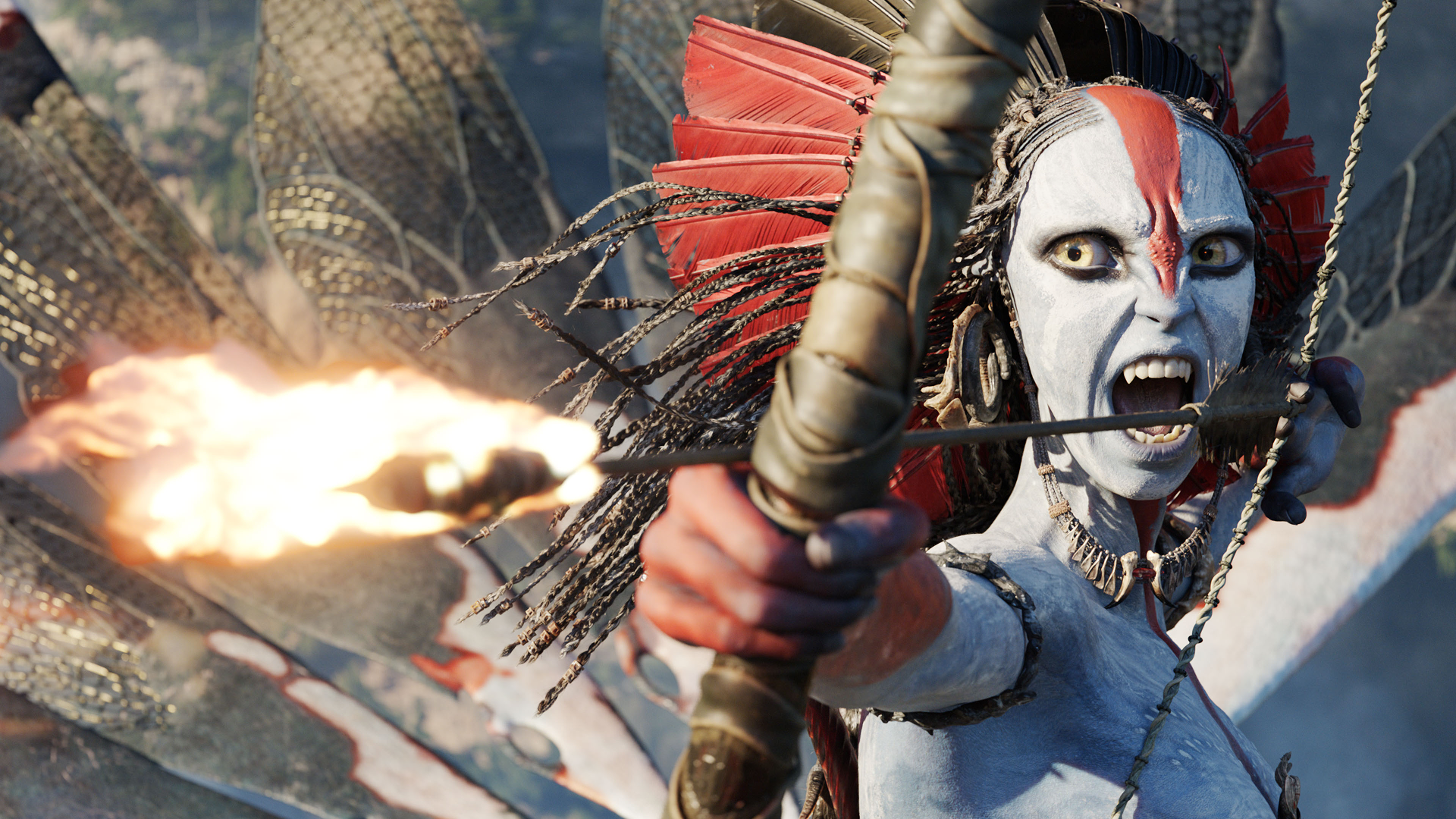 A closeup of Varang (Oona Chaplin) aiming a flaming arrow at her target