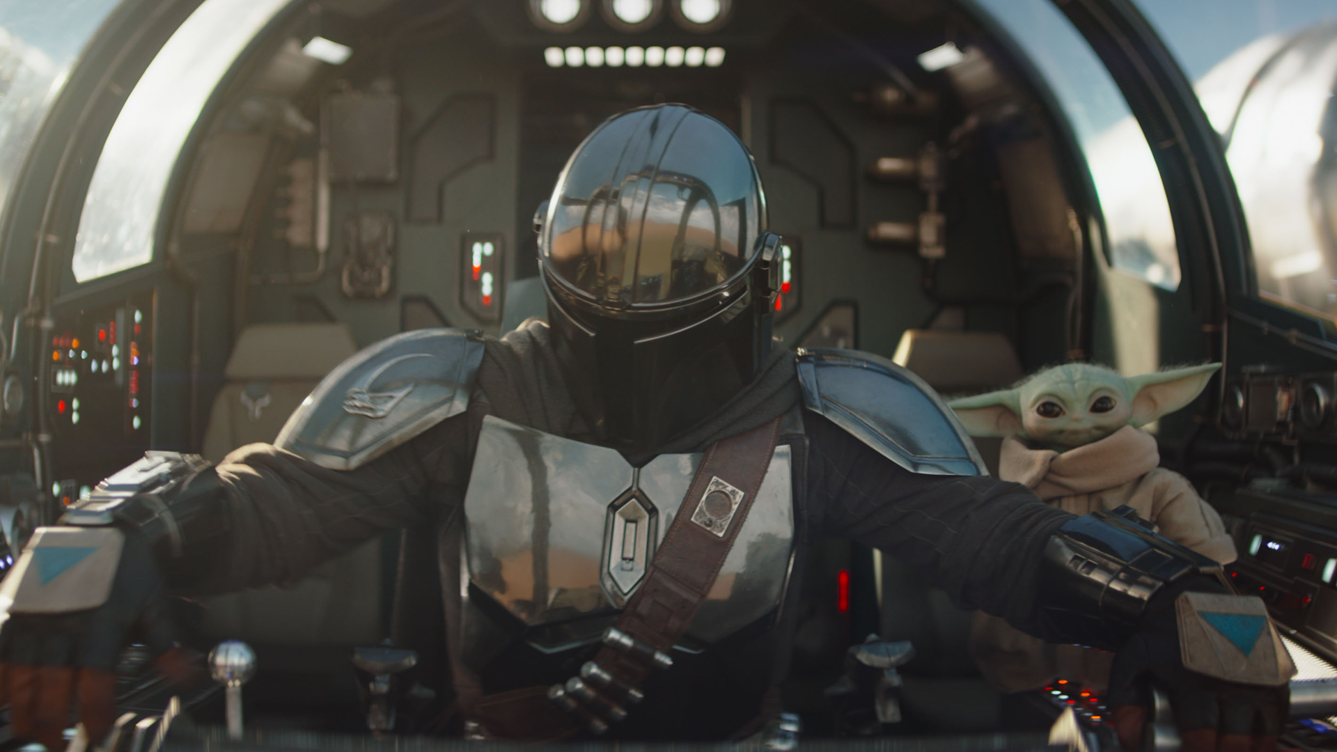 Star Wars: The Mandalorian, Din Djarin (portrayed by Pedro Pascal) in his ship with Grogu.