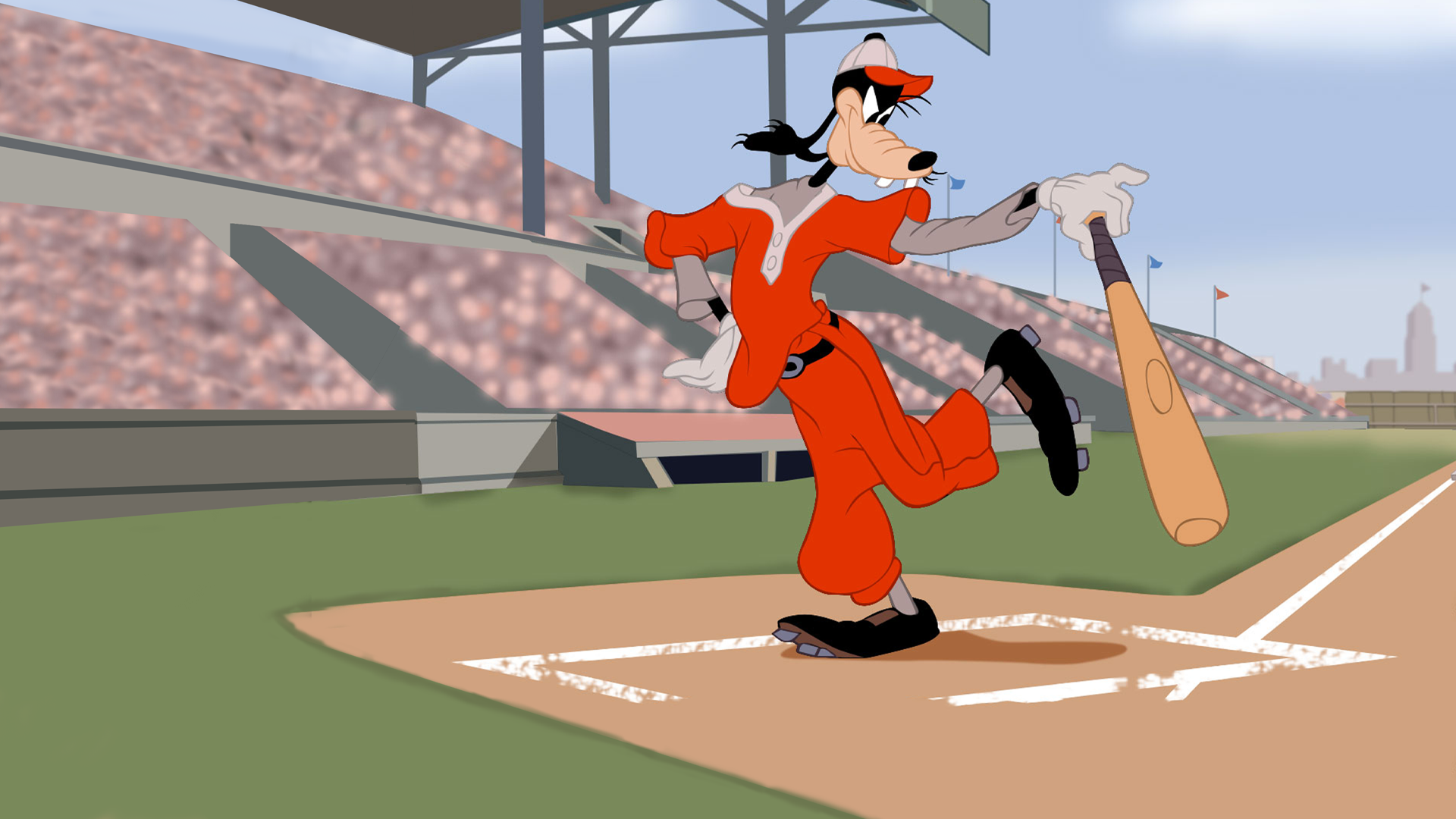 Goofy stands on baseball field in the 1942 short Goofy: How to Play Baseball.