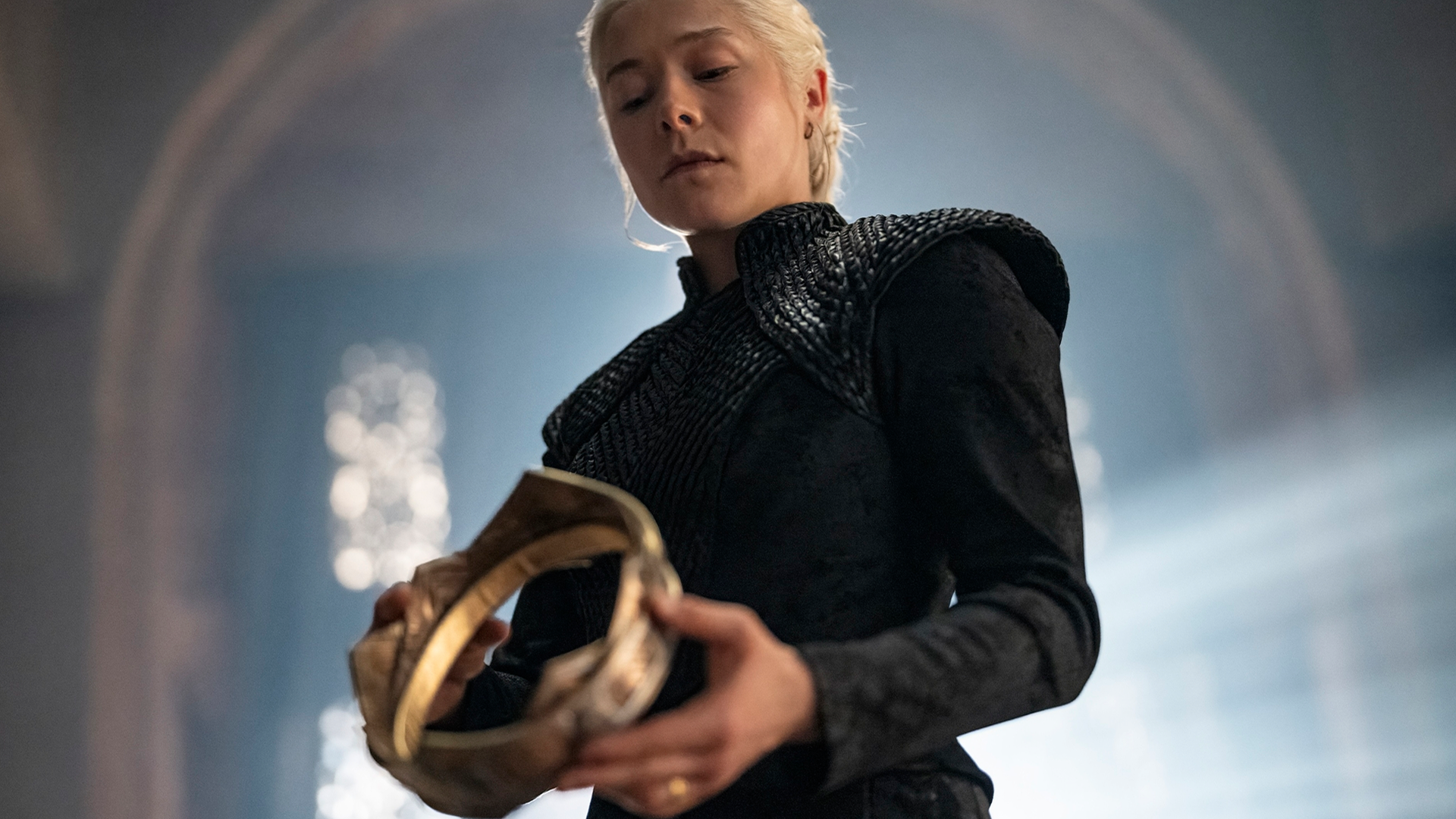 Rhaenyra Targaryen (Emma D'Arcy) looks down at her crown in House of the Dragon