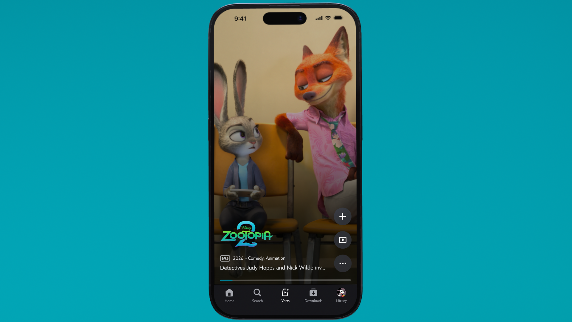 Mobile device showcasing the Verts feature with a scene from Zootopia 2.