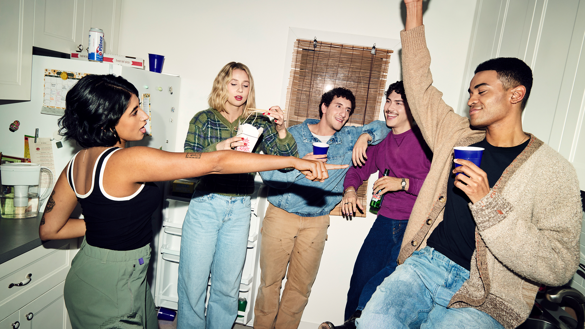 This image features the cast of the FX ensemble comedy series Adults. It stars Malik Elassal, Lucy Freyer, Jack Innanen, Amita Rao, and Owen Thiele.
